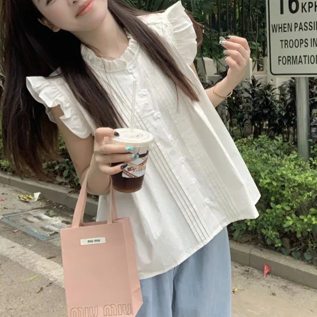 設計甜美純棉小飛袖小衆無袖別緻襯衫 商品圖 1