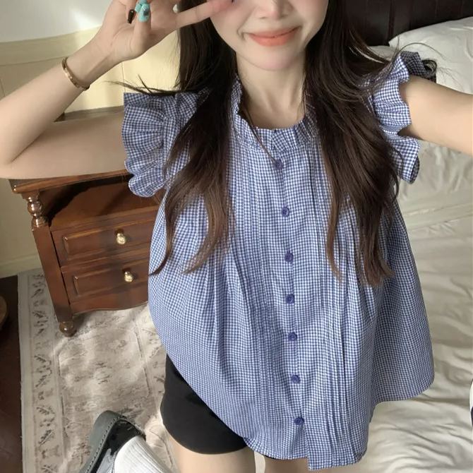 設計甜美純棉小飛袖小衆無袖別緻襯衫 商品圖 4
