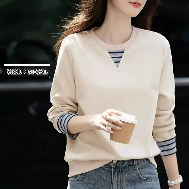 慵懶風寬鬆藏肉舒適時髦撞色袖口長袖T恤