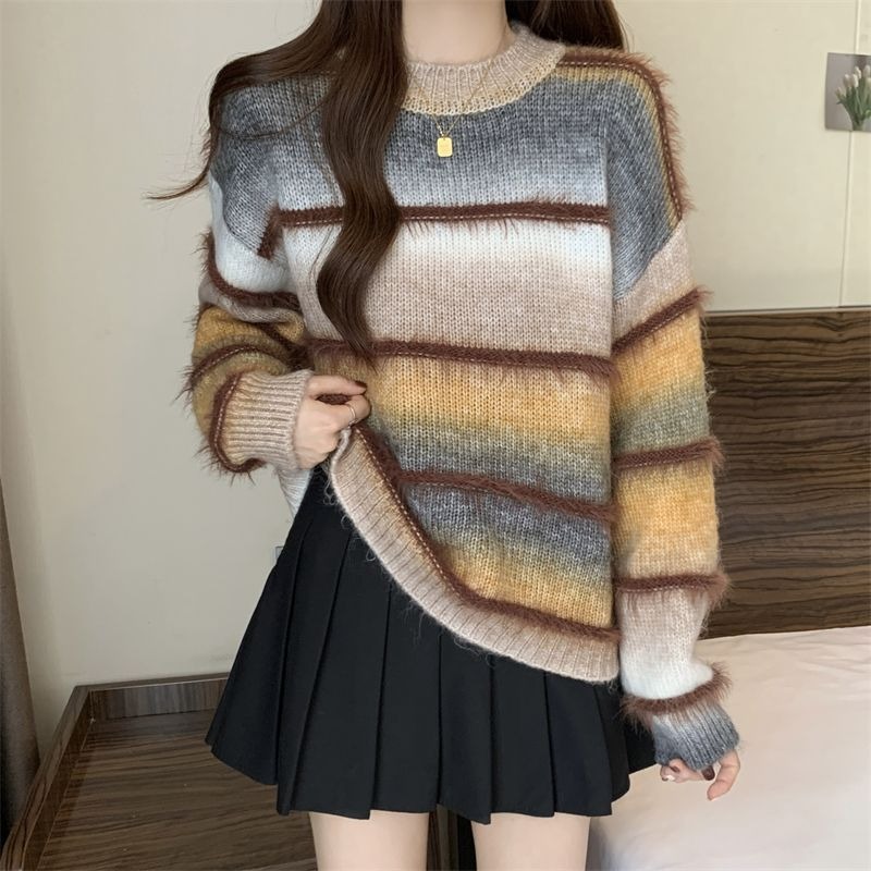 美拉德漸變條紋毛衣顯瘦軟糯針織衫