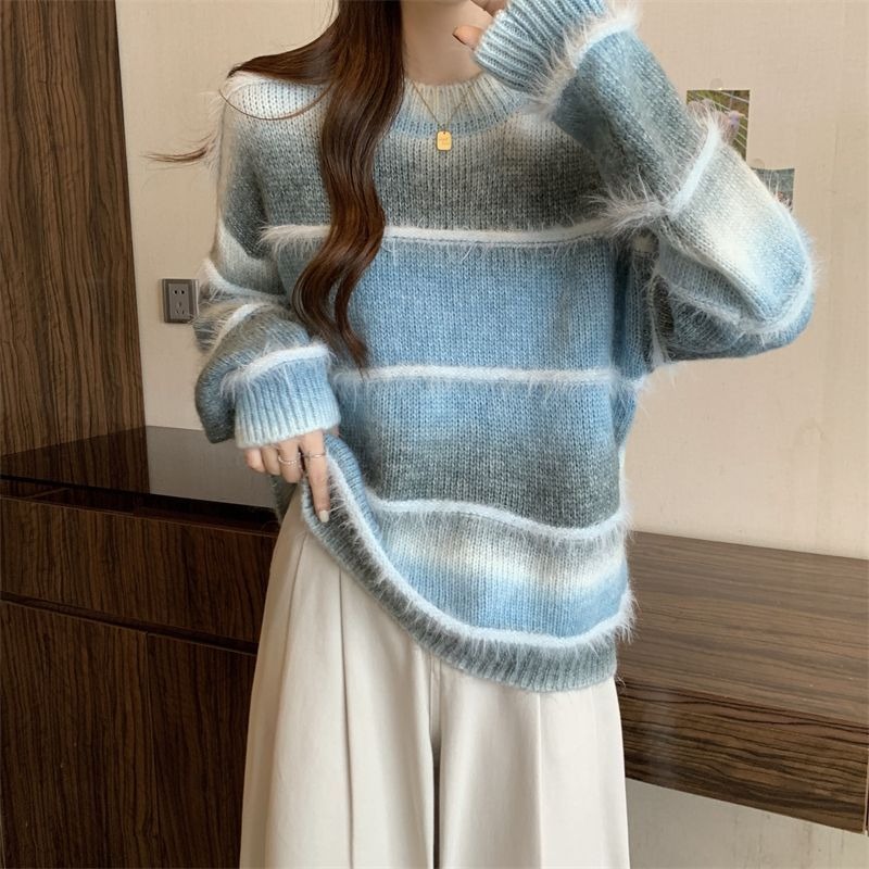 美拉德漸變條紋毛衣顯瘦軟糯針織衫