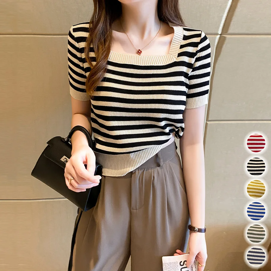 正肩方領冰絲針織衫條紋短袖T恤-lululam