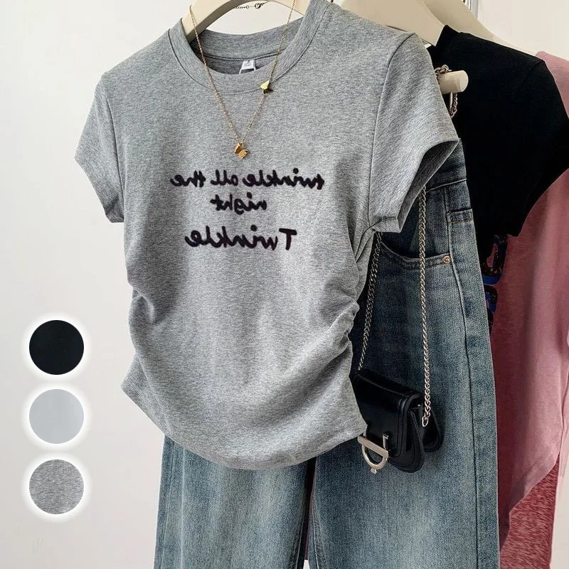 正肩字母印花小眾褶皺收腰短款修身短袖T恤-lululam