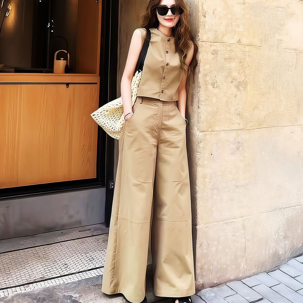 【單件/套裝】極簡設計兩穿無袖背心+寬鬆闊腿褲兩件套裝-lululam