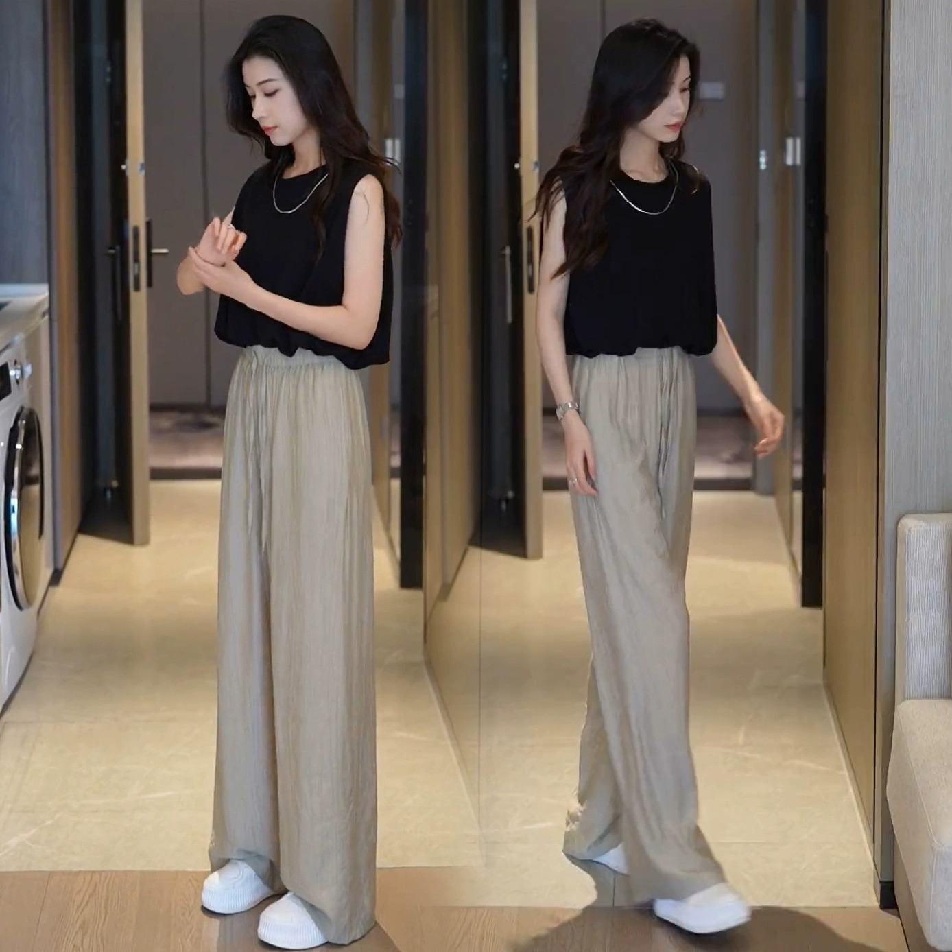 【套裝】小個子線稿韓版無袖T恤+冰絲闊腿褲裝兩件套裝-Cicichill