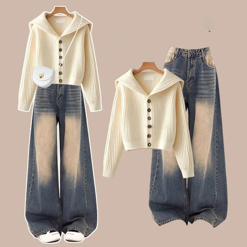 【單件/套裝】海軍領百搭高級感針織毛衣+高腰牛仔褲兩件套