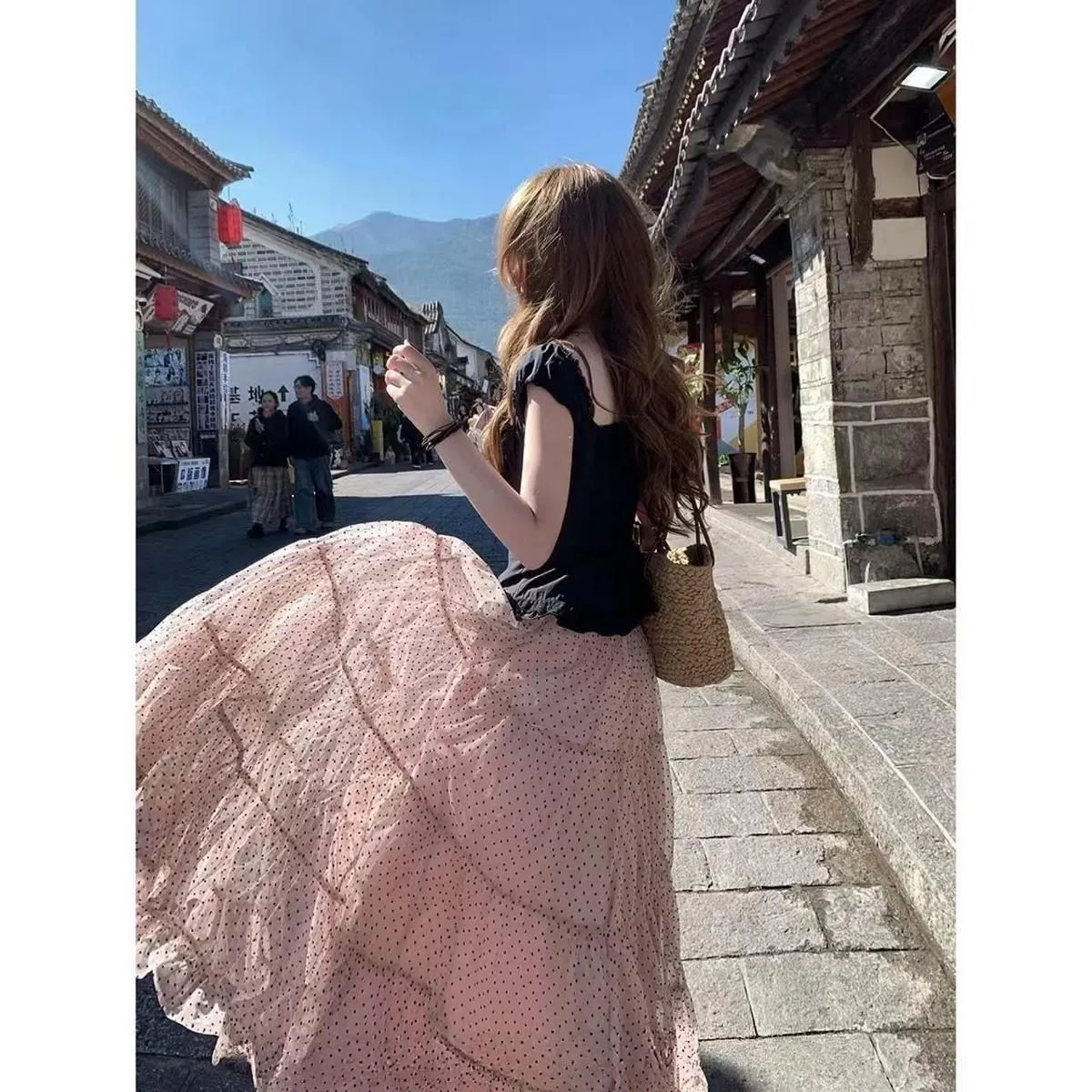 【單件/套裝】溫柔風粉色波點網紗韓系高腰顯瘦裙兩件套 商品圖 10