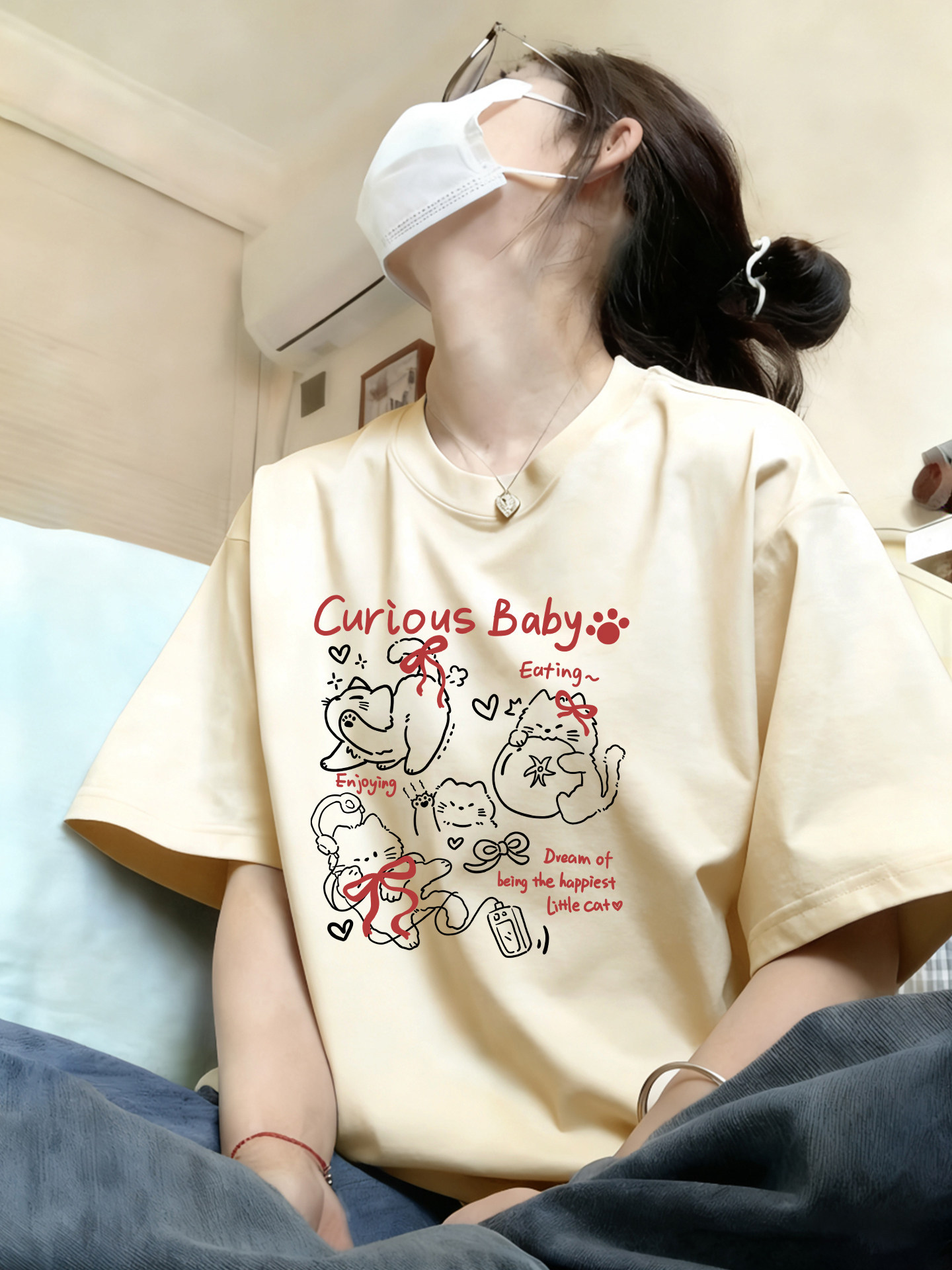 棉質｜卡通純棉白灰色新款高級感內搭上衣短袖
