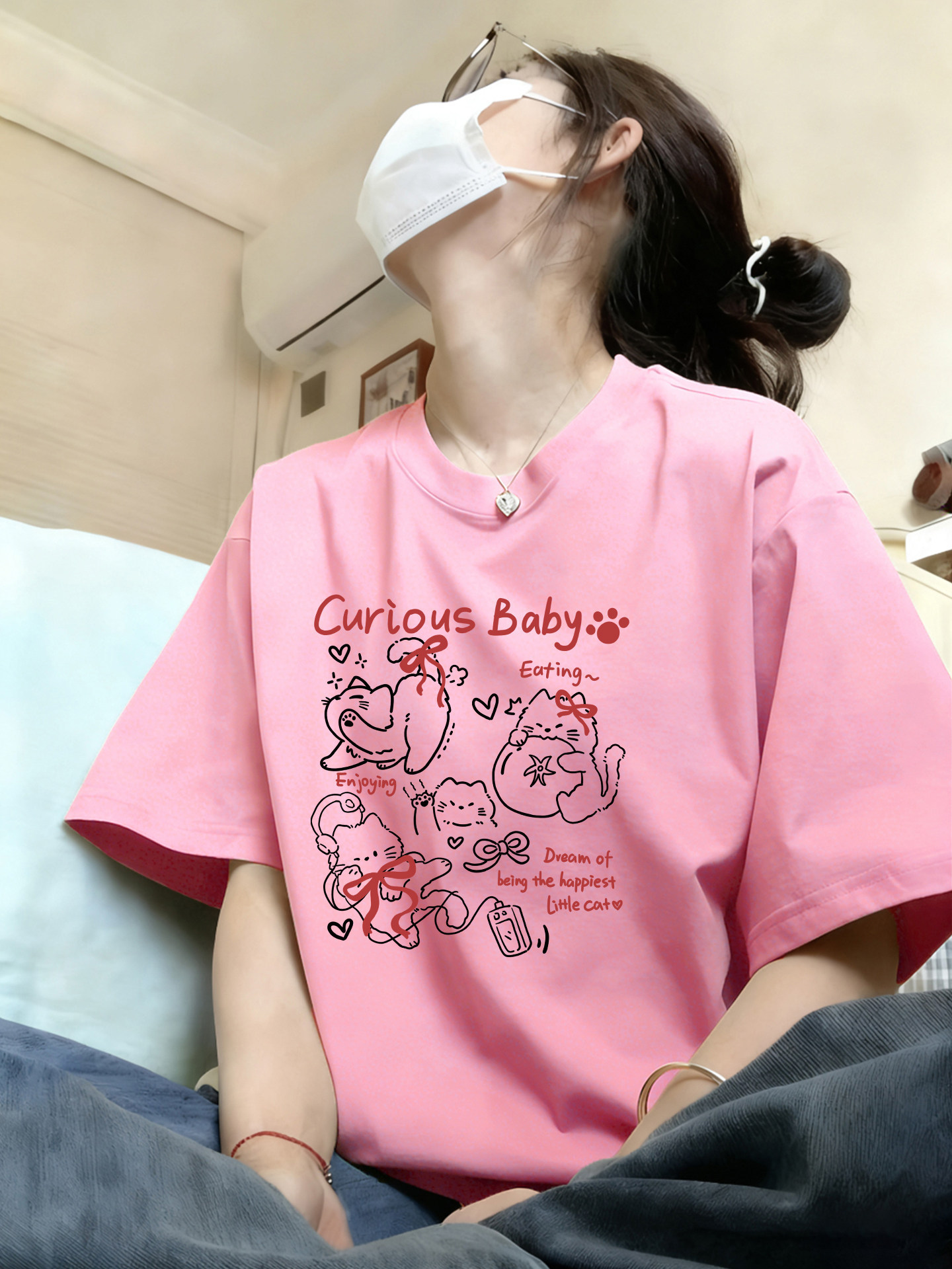 棉質｜卡通純棉白灰色新款高級感內搭上衣短袖