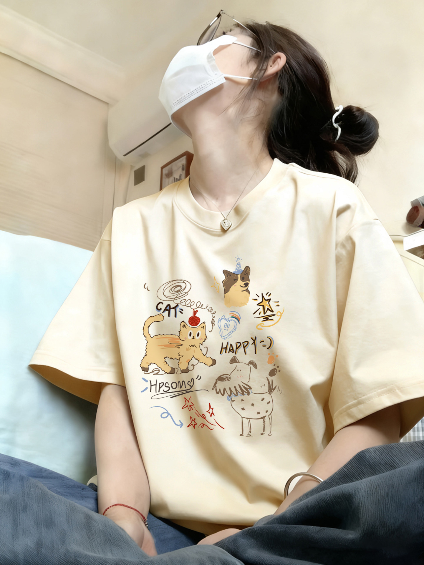 棉質｜卡通純棉白灰色新款高級感內搭上衣短袖