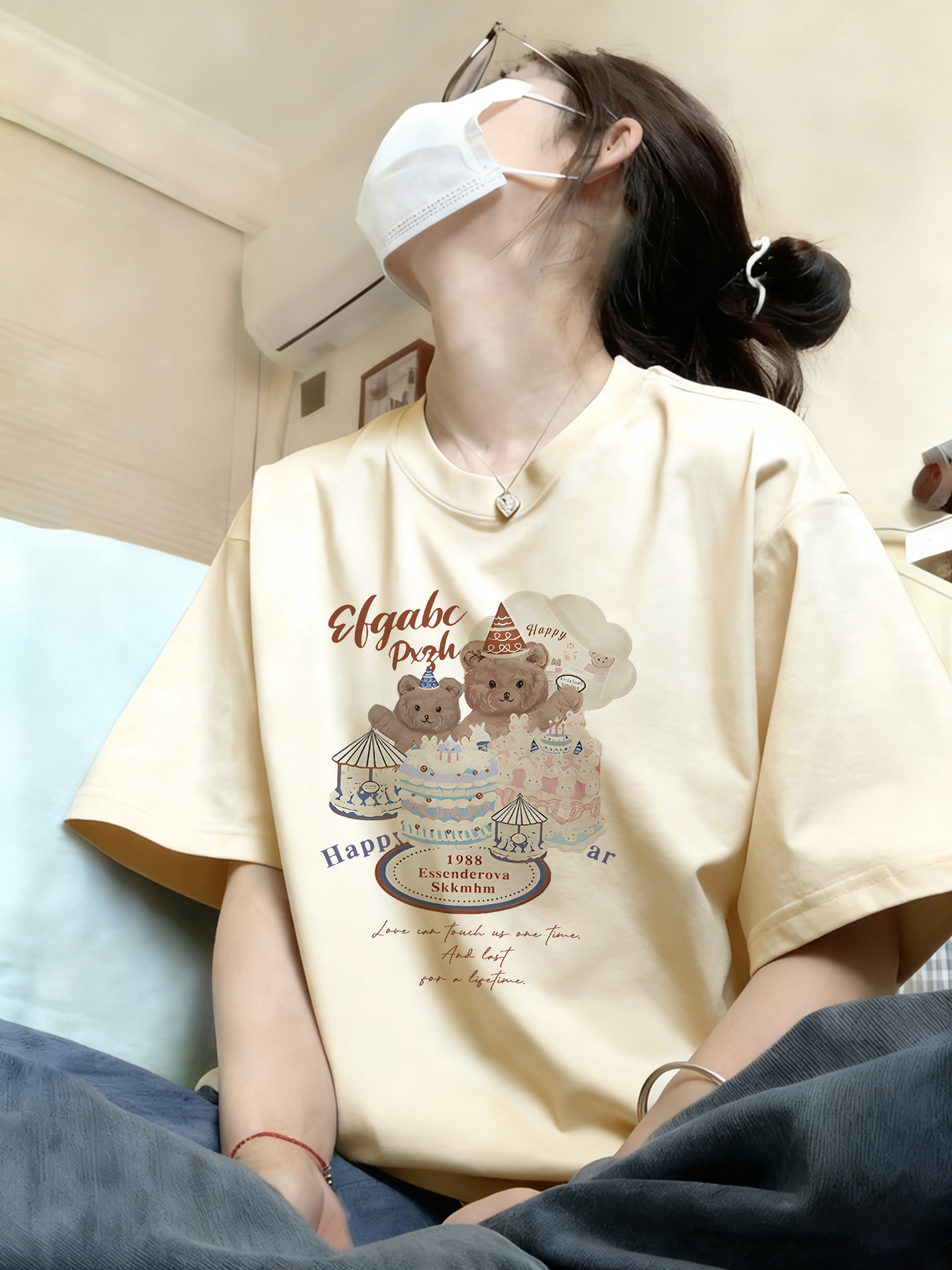 棉質｜卡通純棉白灰色新款高級感內搭上衣短袖
