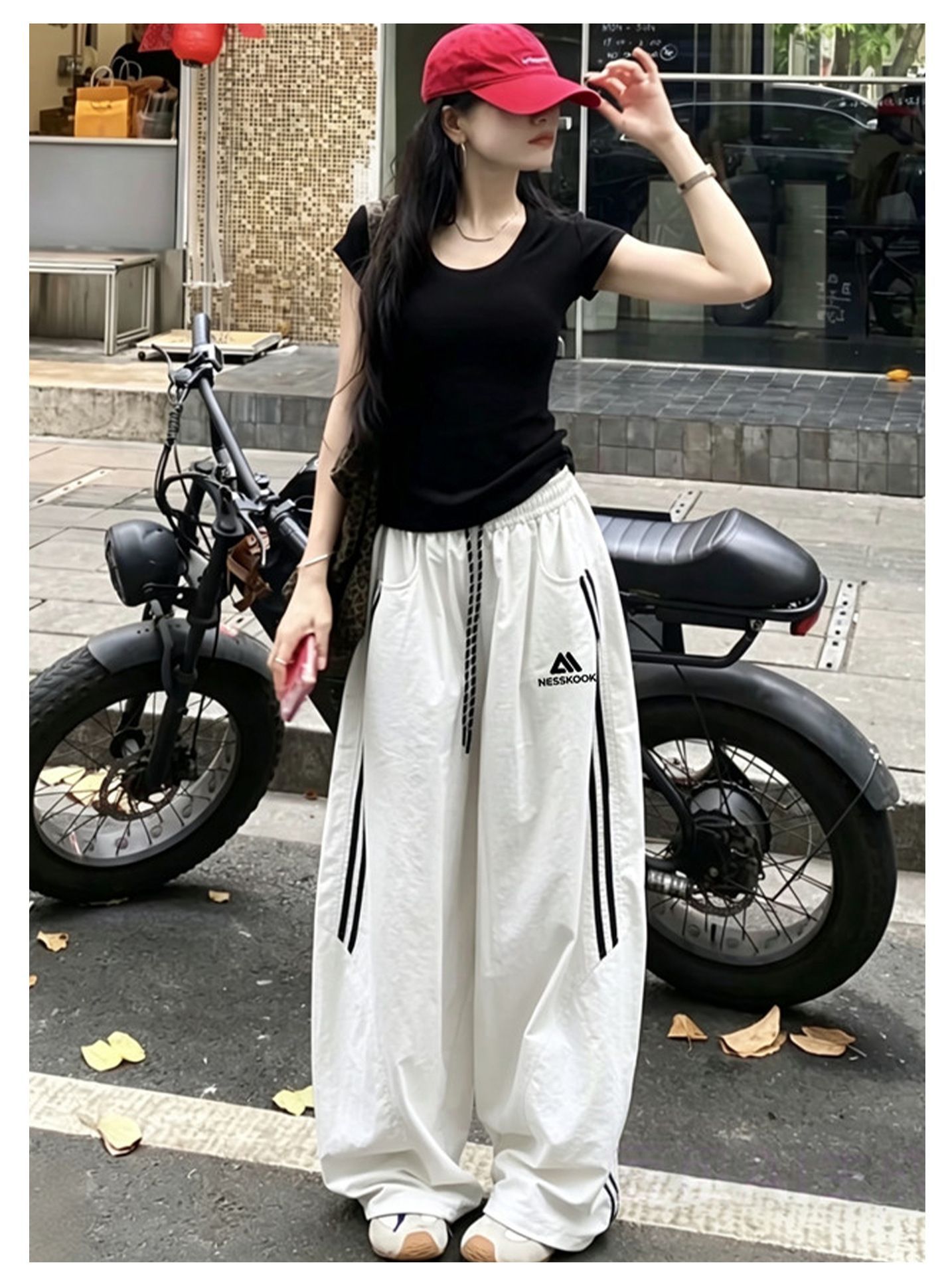 雙槓刺繡條紋速幹褲薄款寬鬆闊腿美式運動褲 商品圖 5