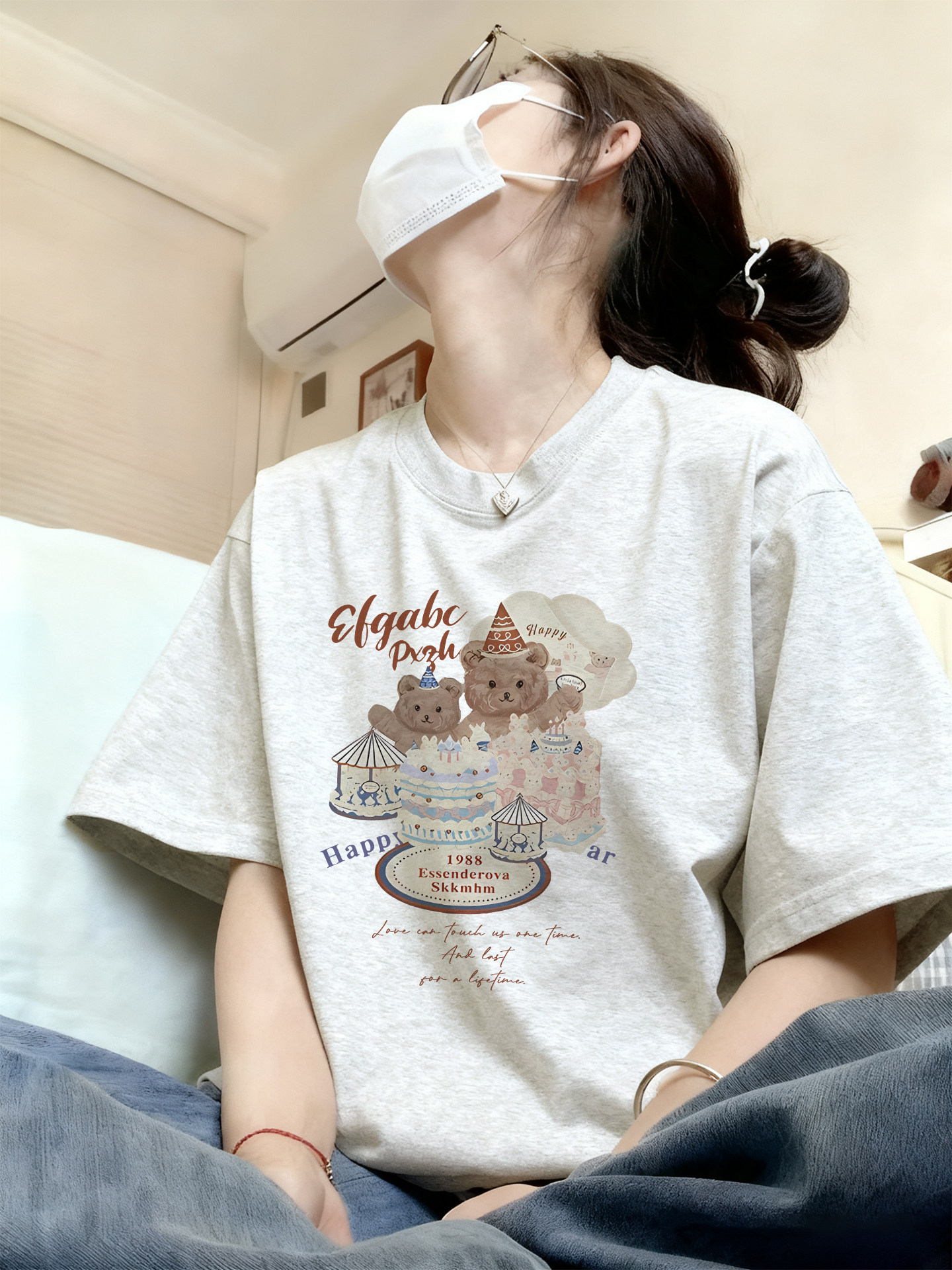 棉質｜卡通純棉白灰色新款高級感內搭上衣短袖