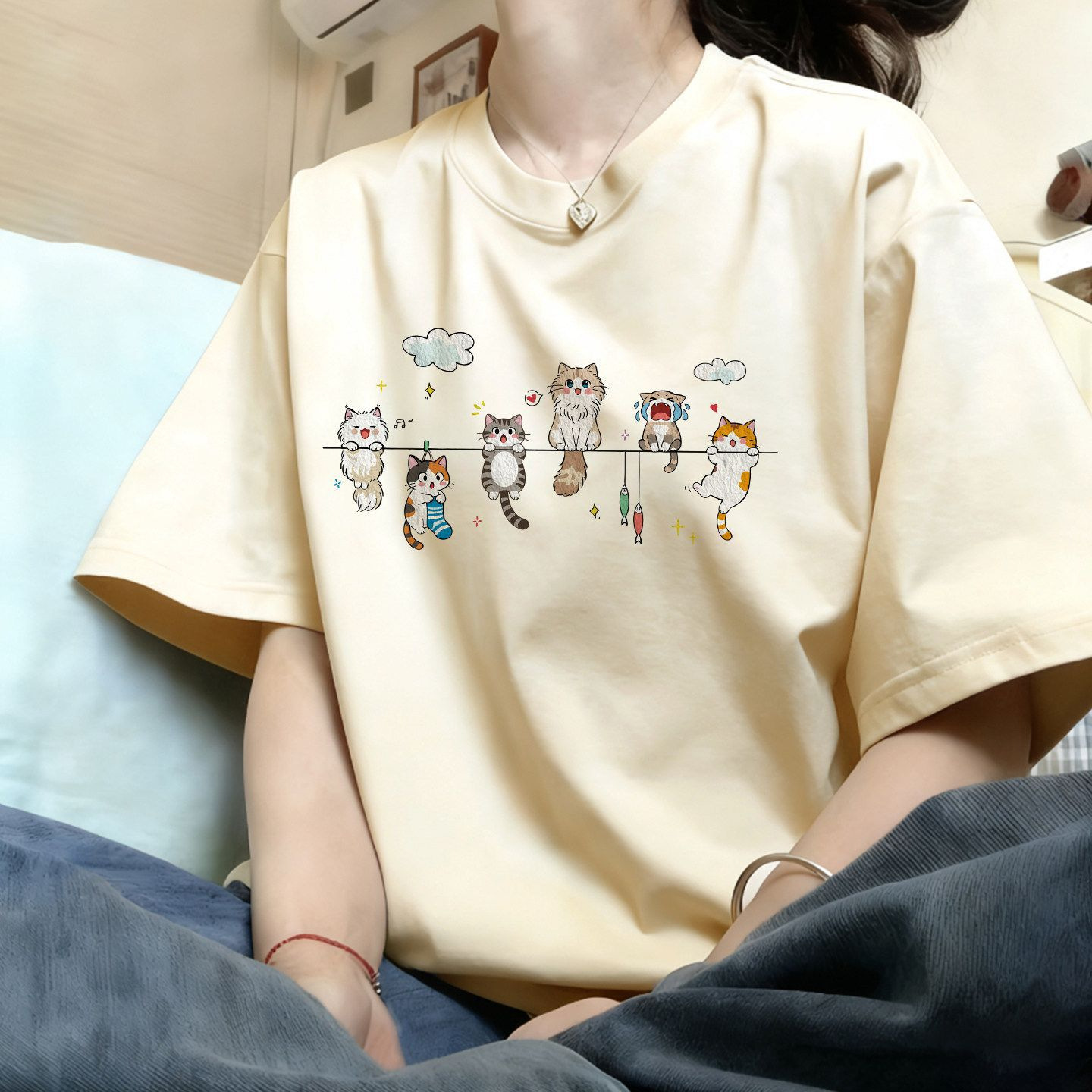 棉質｜卡通純棉白灰色新款高級感內搭上衣短袖 商品圖 4