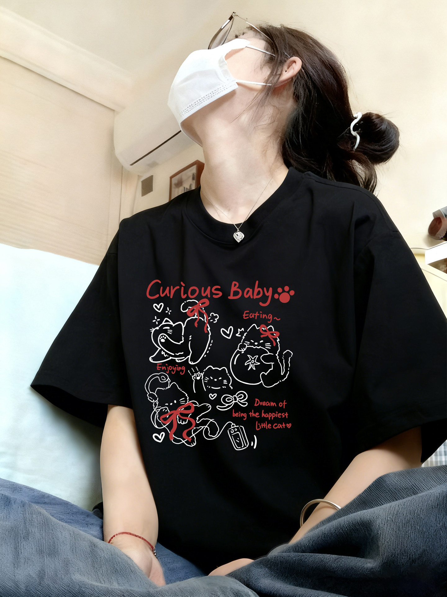 棉質｜卡通純棉白灰色新款高級感內搭上衣短袖