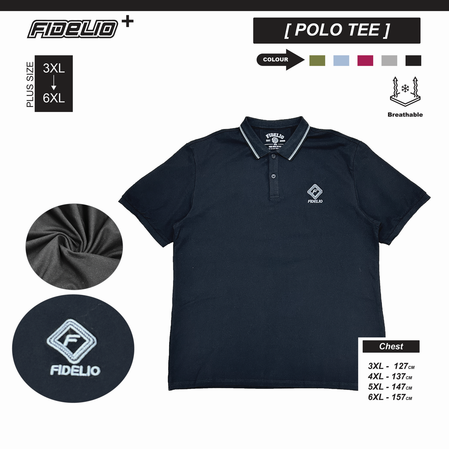 Fidelio Plus Size Basic Rugged Polo Tees -Black