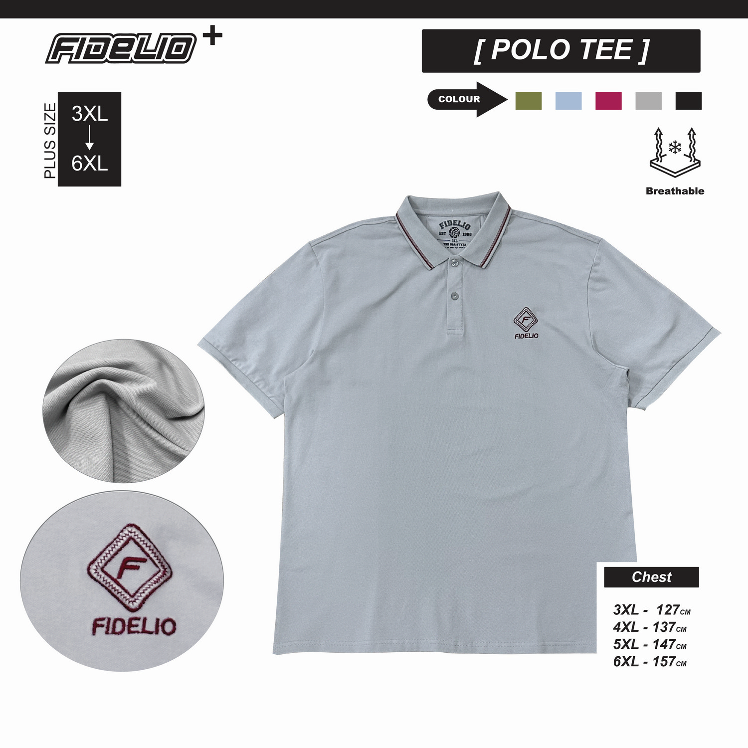 Fidelio Plus Size Basic Rugged Polo Tees -Grey