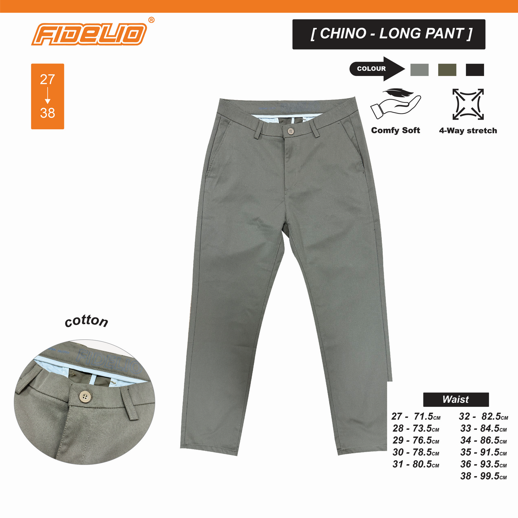 Fidelio Comfort Stretch Slim Fit Chinos - Khaki