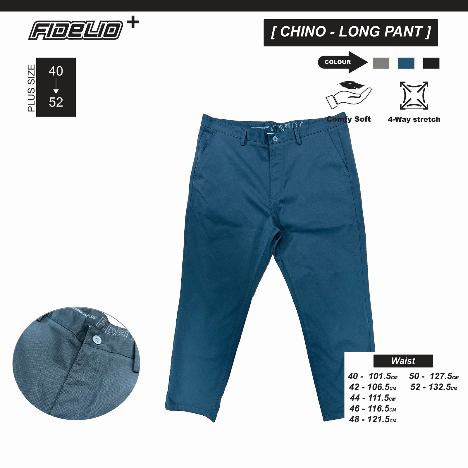 Fidelio Plus Size Comfort Stretch Slim Fit Chinos - Dark Grey