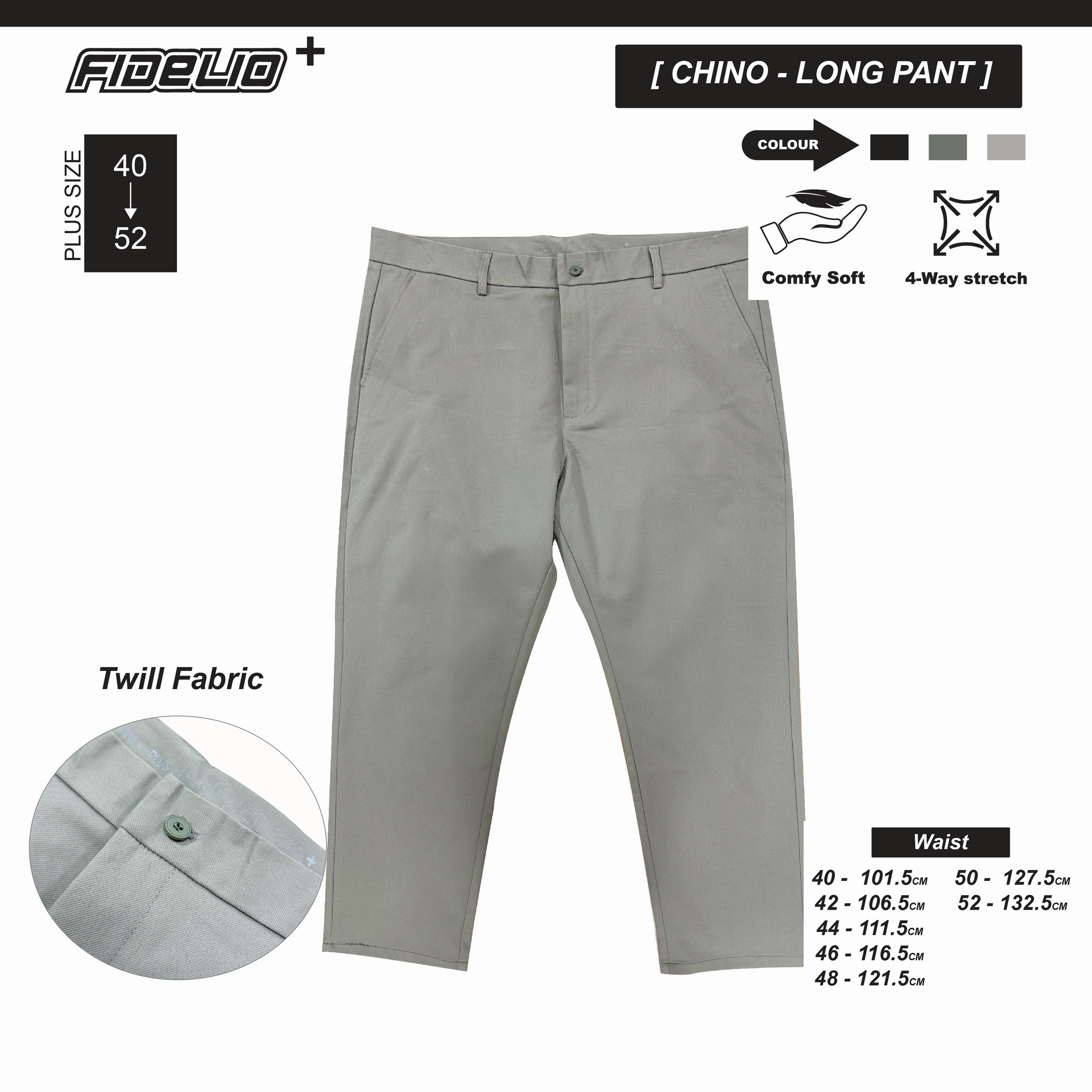 Fidelio Plus Size Tailored Comfort Chinos - Grey