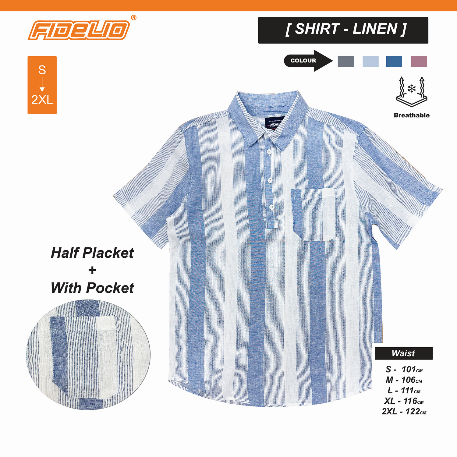 Fidelio Stripe Linen Short Sleeve Shirt - Blue Grey/White