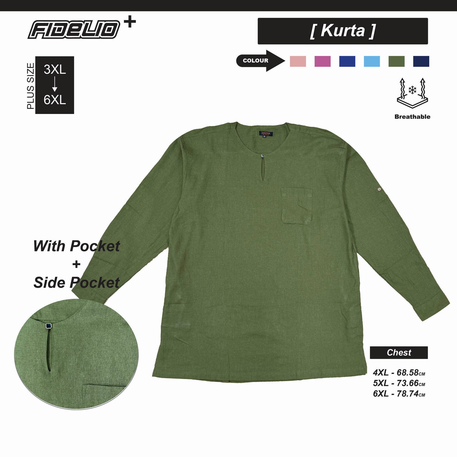 JASPAR Plus Size Dobby Linen Kurta Tops -Olive