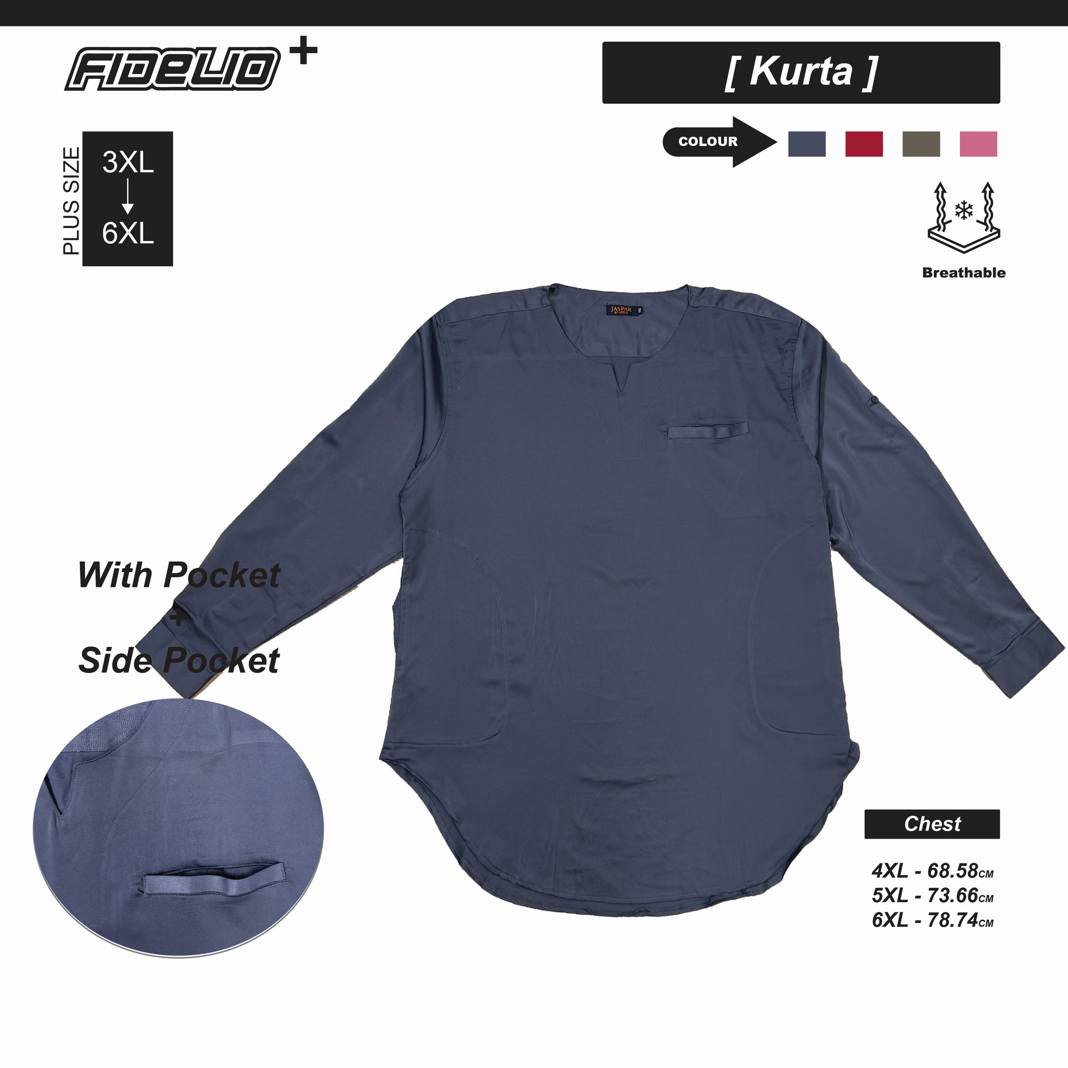 JASPAR Plus Size Sleek V-Neck Kurta Tops -Grey