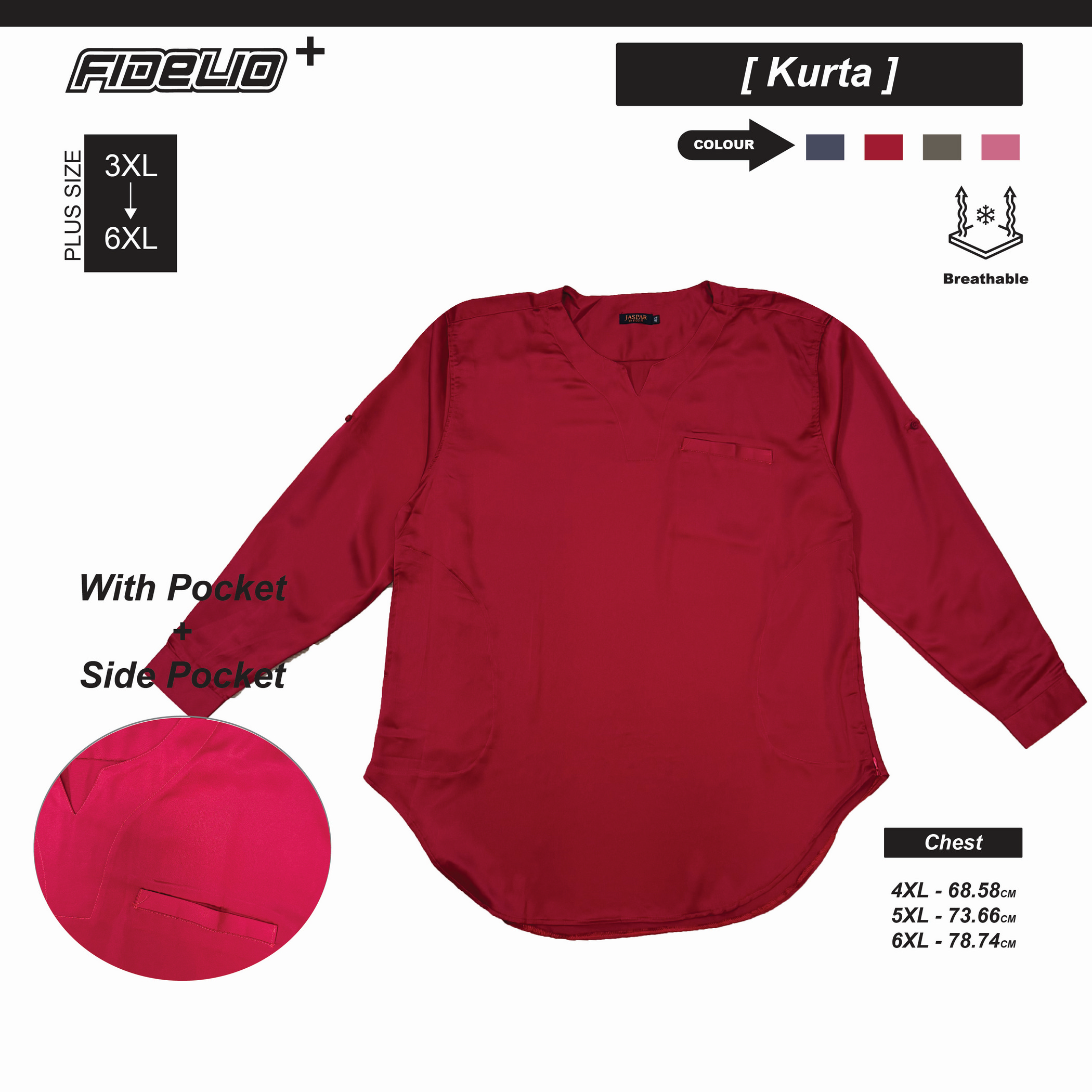 JASPAR Plus Size Sleek V-Neck Kurta Tops -Red