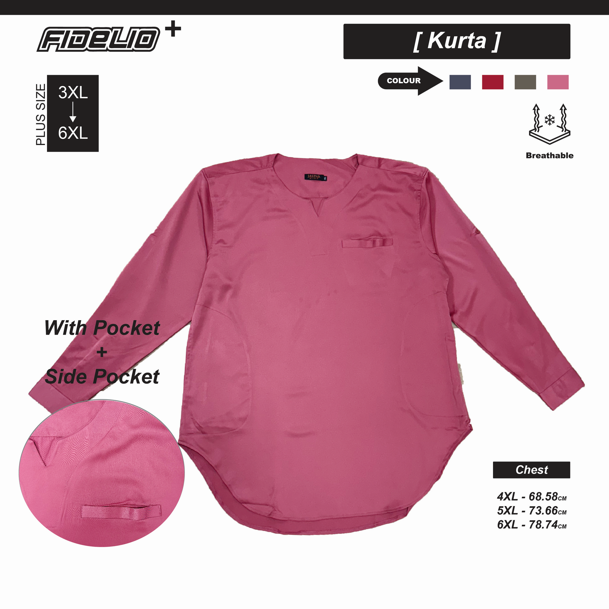 JASPAR Plus Size Sleek V-Neck Kurta Tops -Coral Red