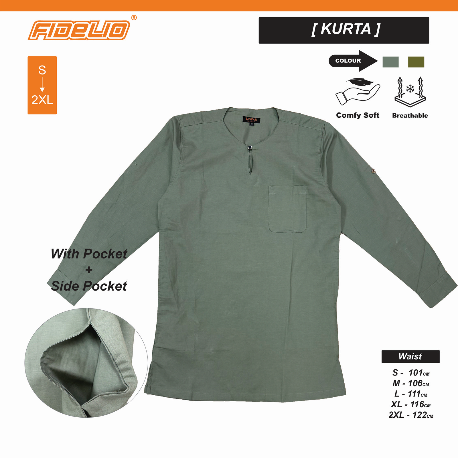 JASPAR Dobby Linen Kurta Tops -Green