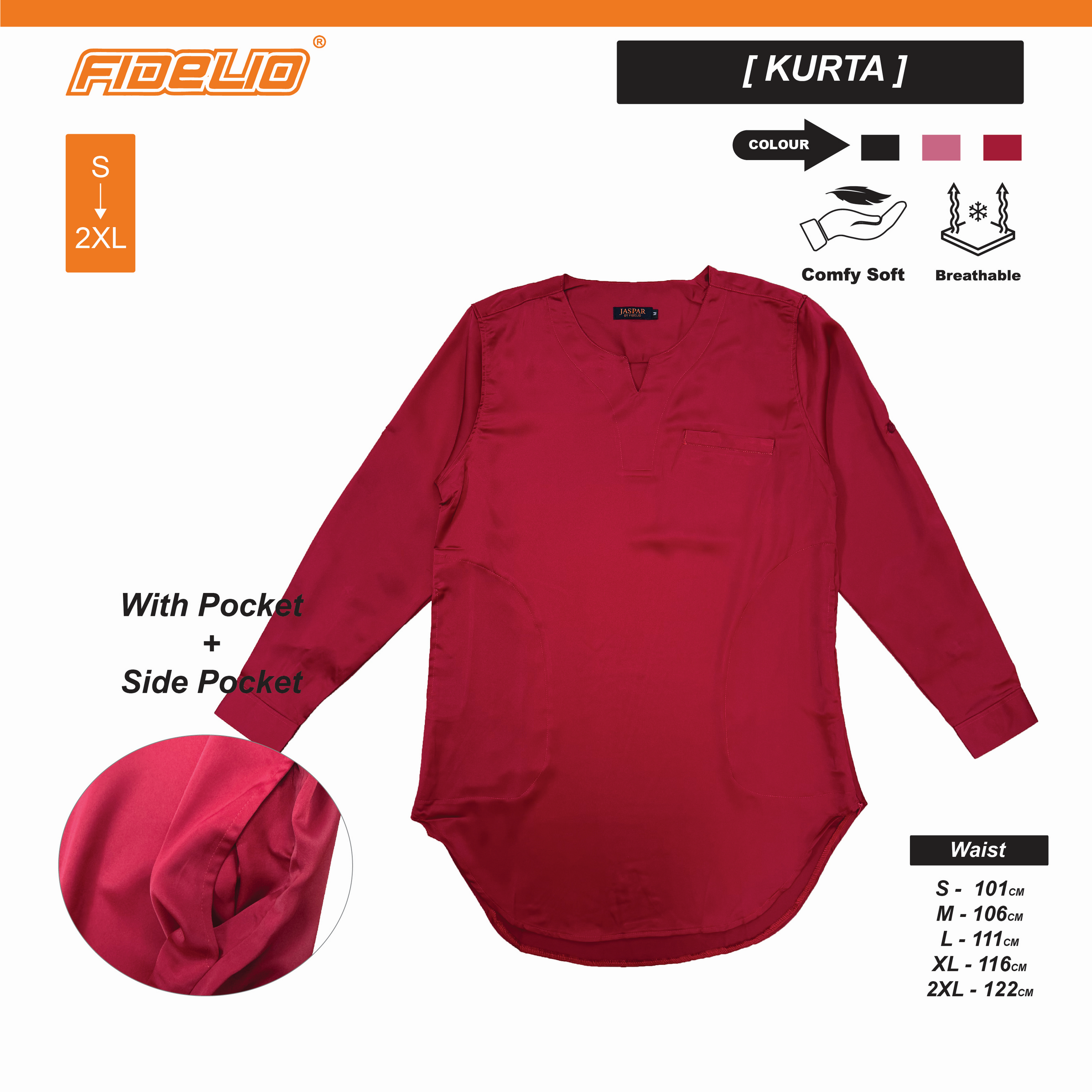 JASPAR Sleek V-Neck Kurta Tops -Red