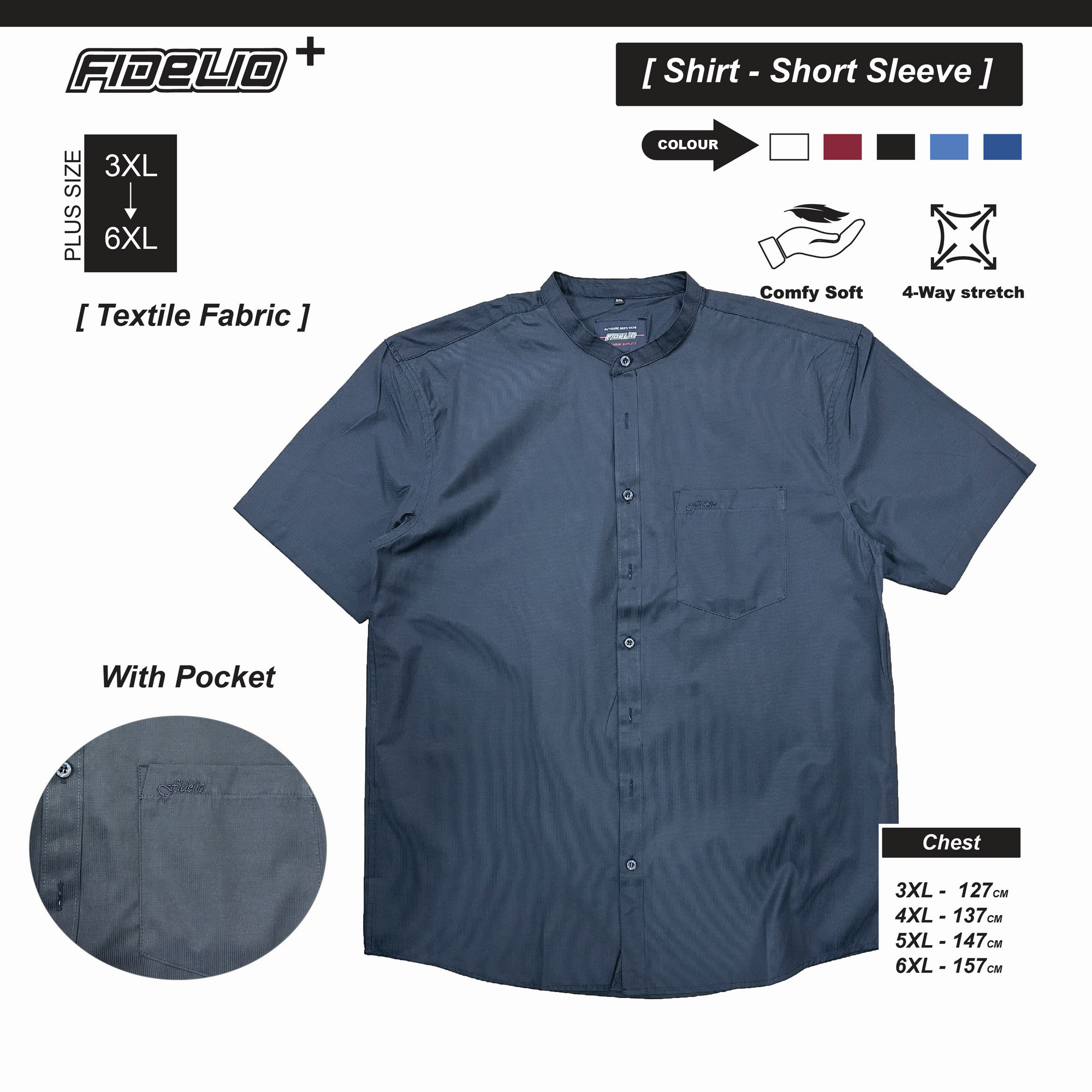 Fidelio Plus Size Mandarin Collar Shirts -Black