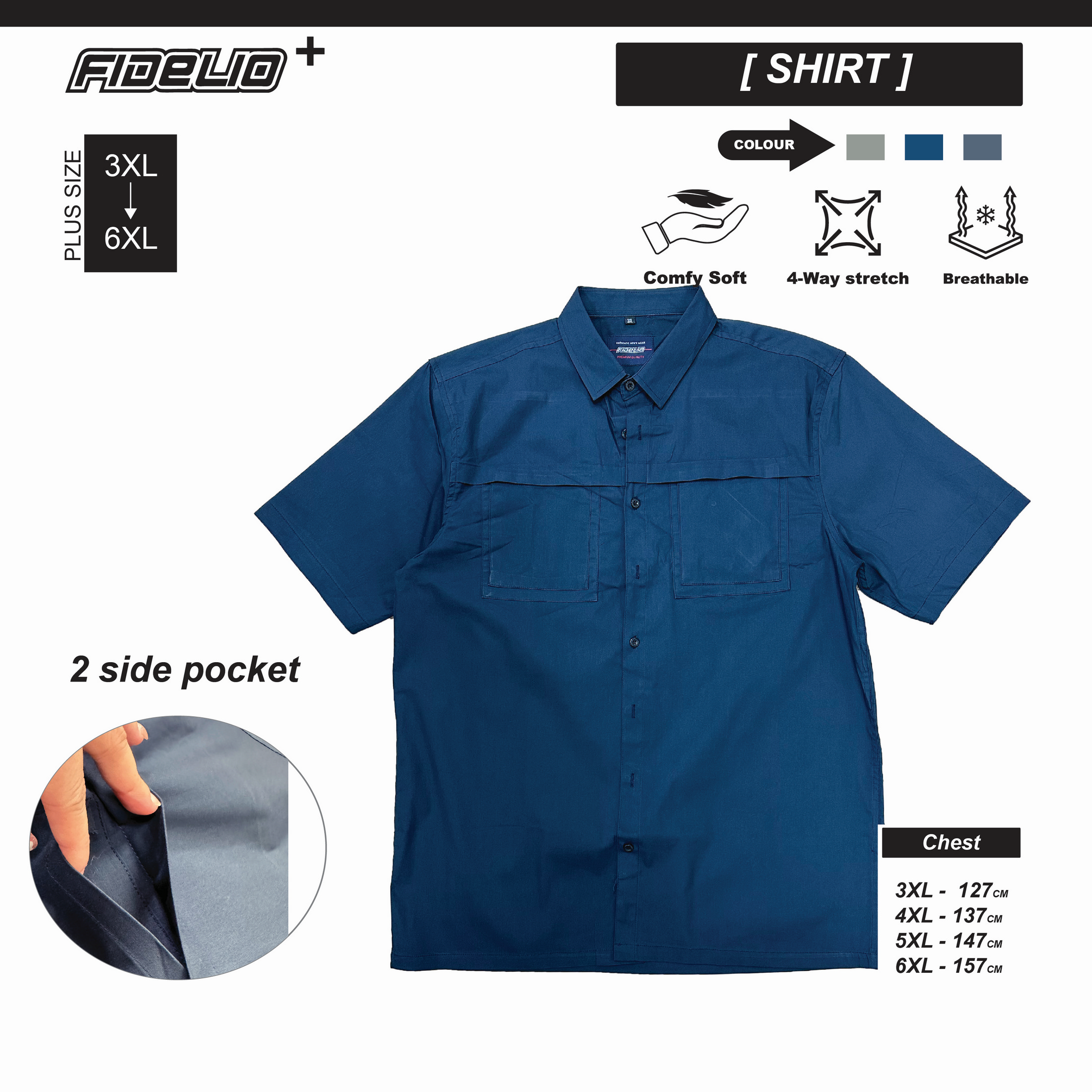 Fidelio Plus Size Dual-Pocketed Short Sleeve Shirts -Navy