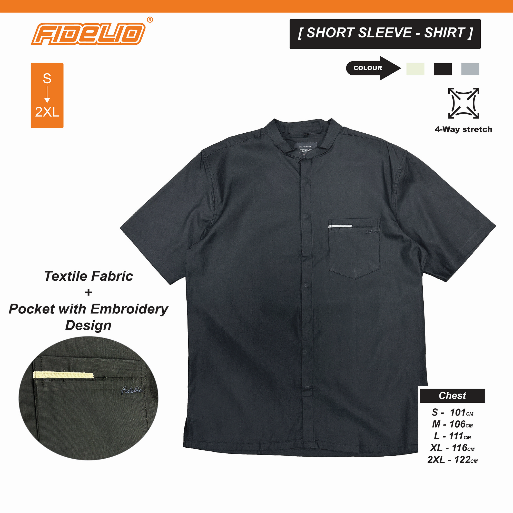 Fidelio Mandarin Collar Embroidery Pocket Shirts -Black