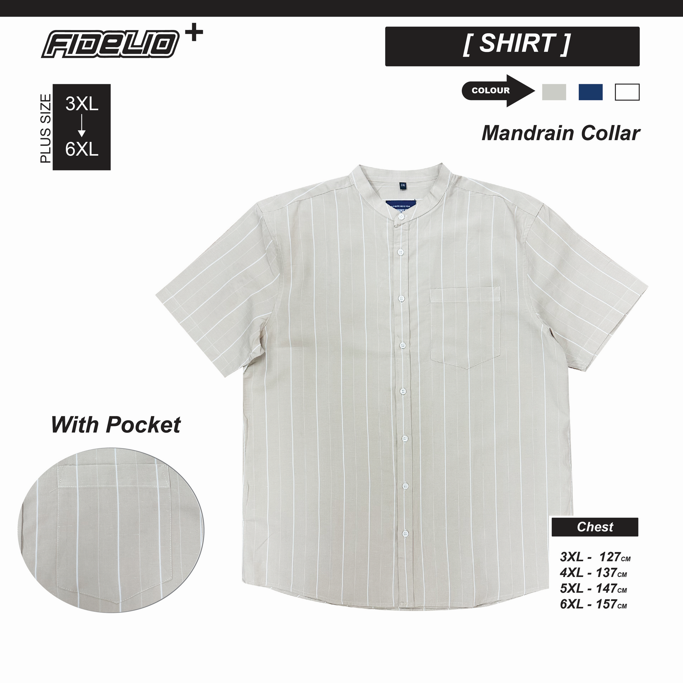Fidelio Plus Size Mandarin Collar Stripe Casual Shirts -Brown/White