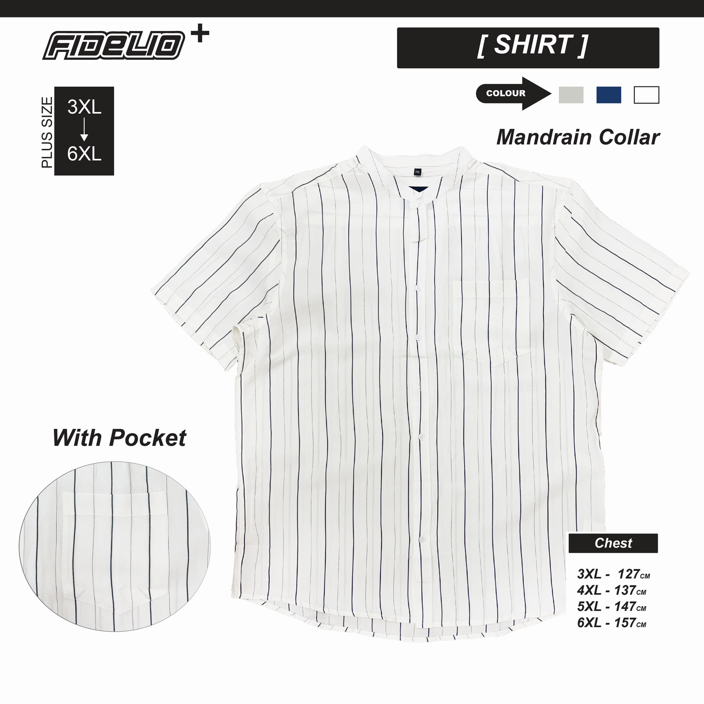 Fidelio Plus Size Mandadrin Collar Stripe Casual Shirts -White/Black