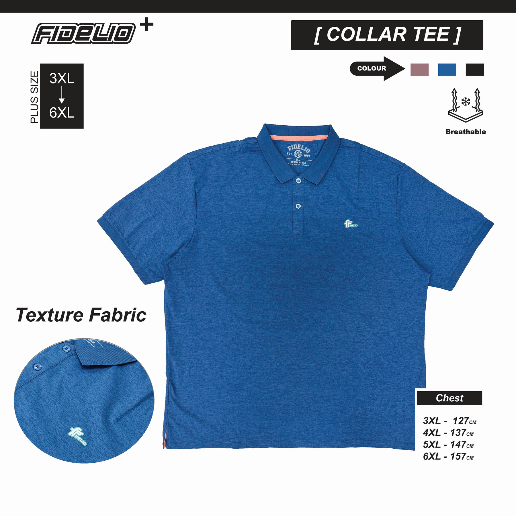 Fidelio Plus Size Textured Polo Tees - Blue
