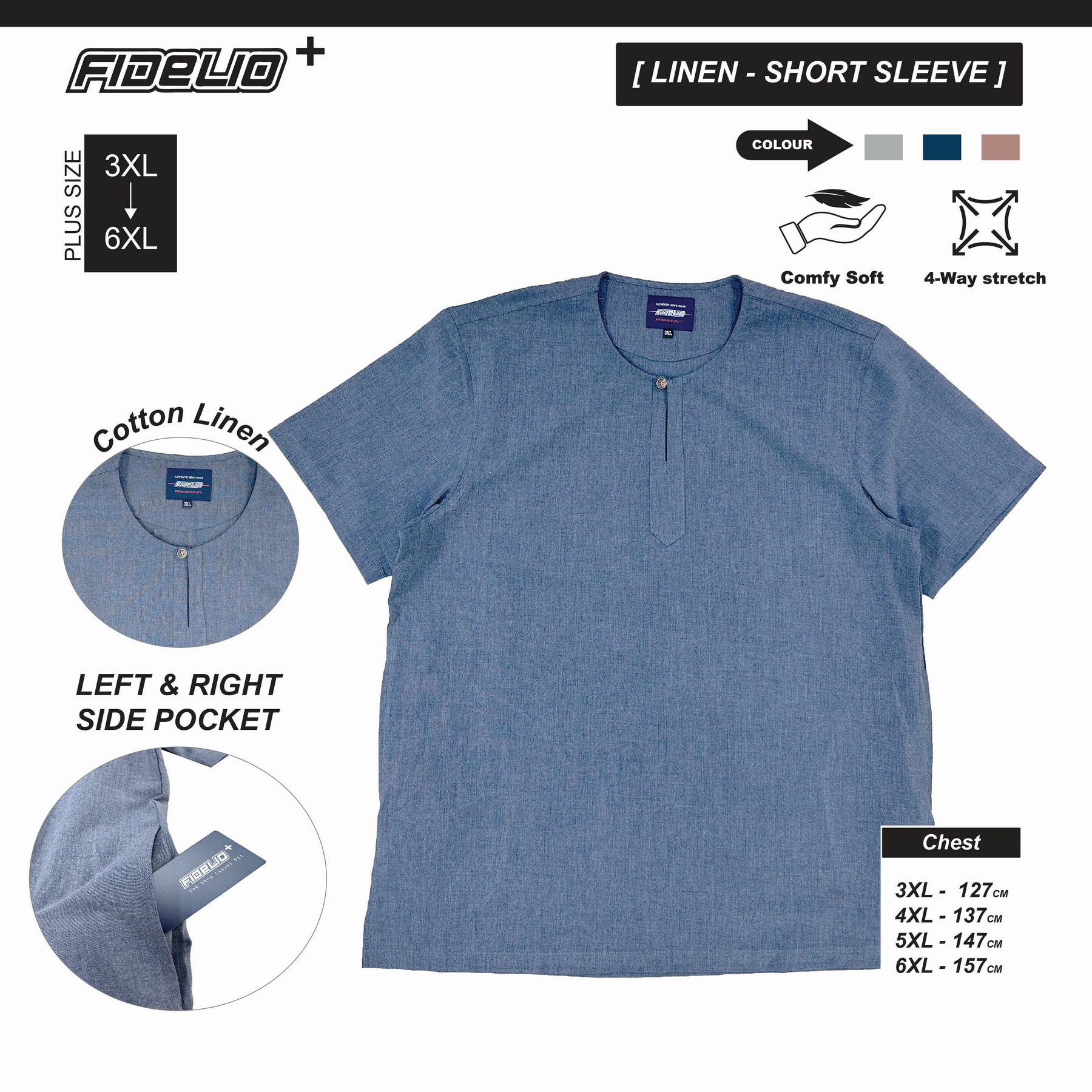 Fidelio Plus Size Breeze Linen Short Sleeve Shirts -Grey