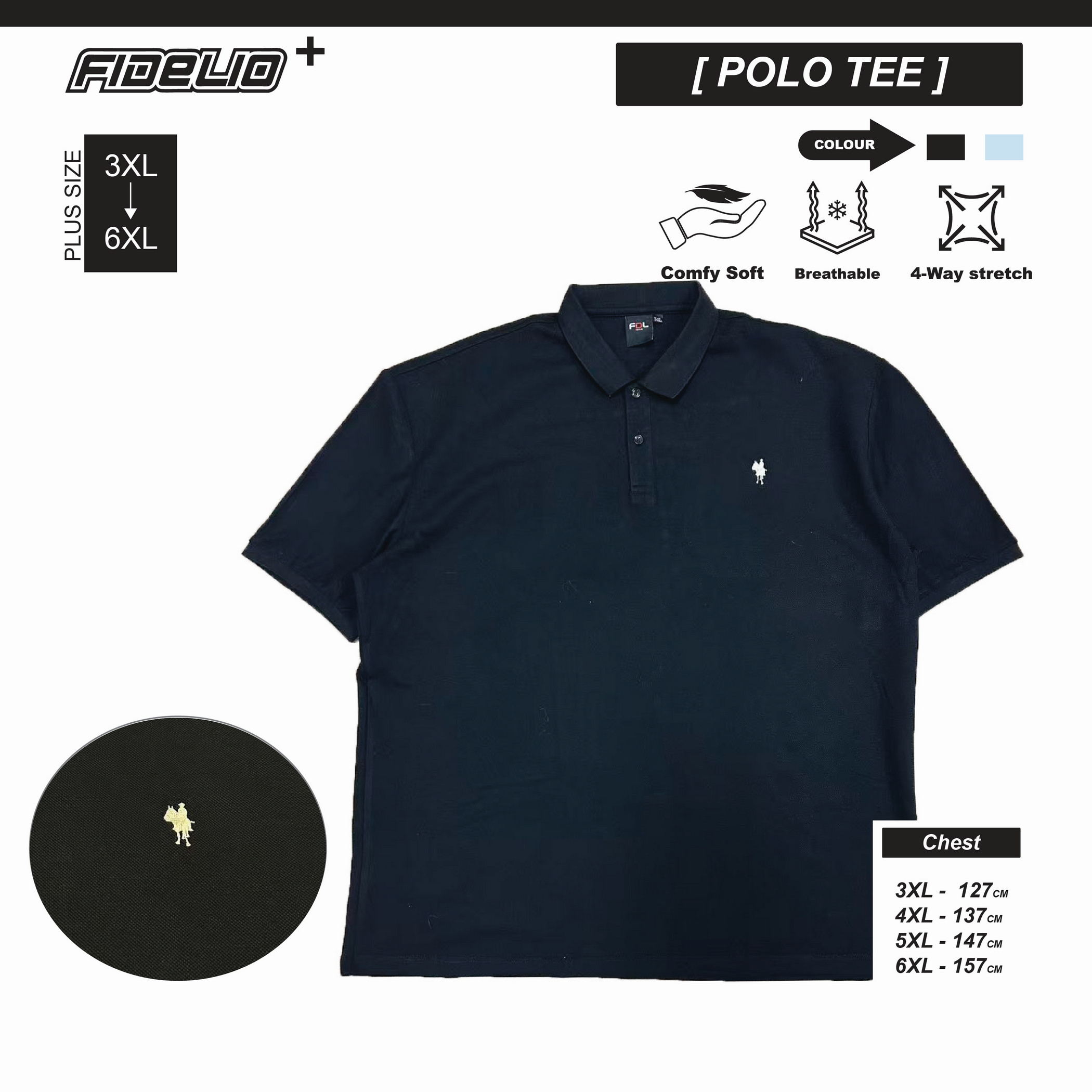 FDL Plus Size BasicEmbroidery Polo Tees -Black