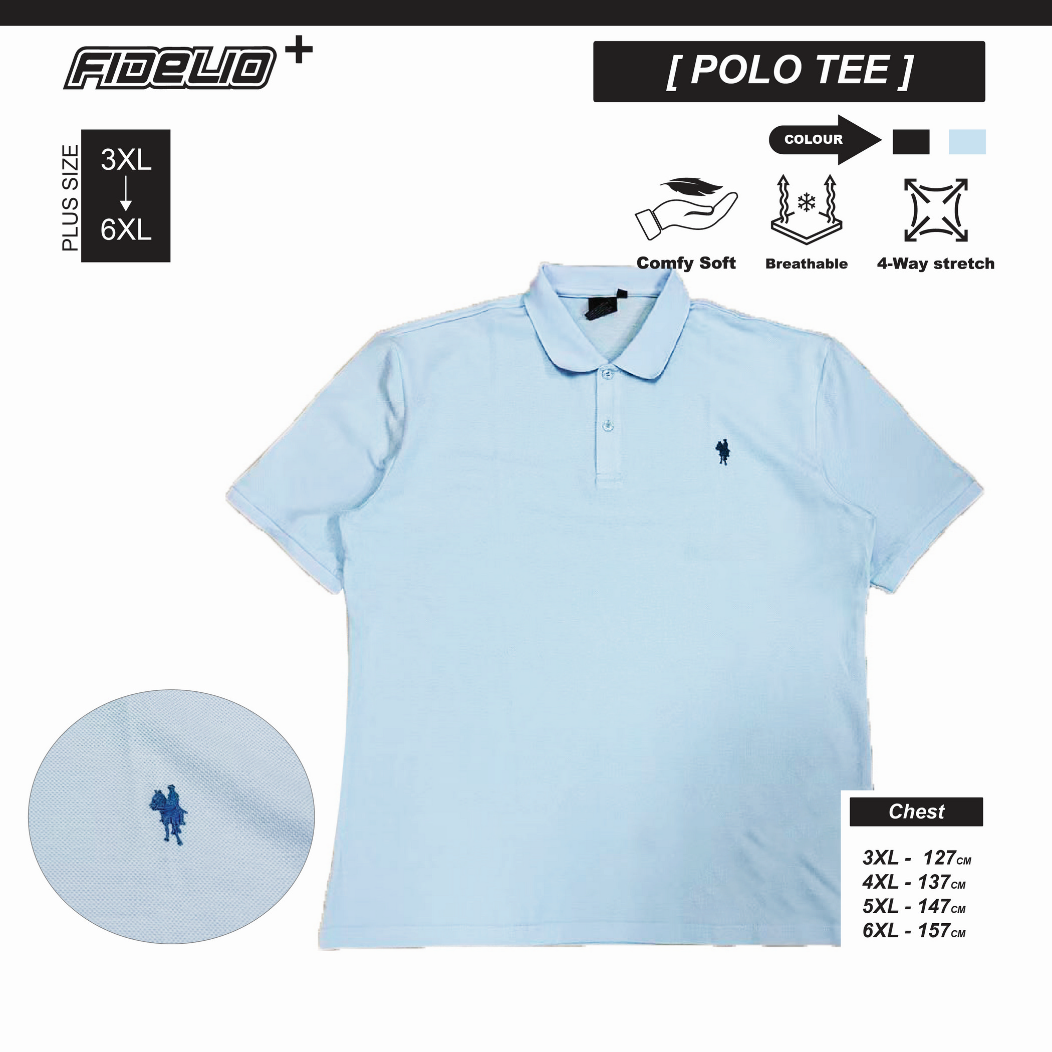 FDL Plus Size Basic Embroidery Polo Tees -Pastel Blue
