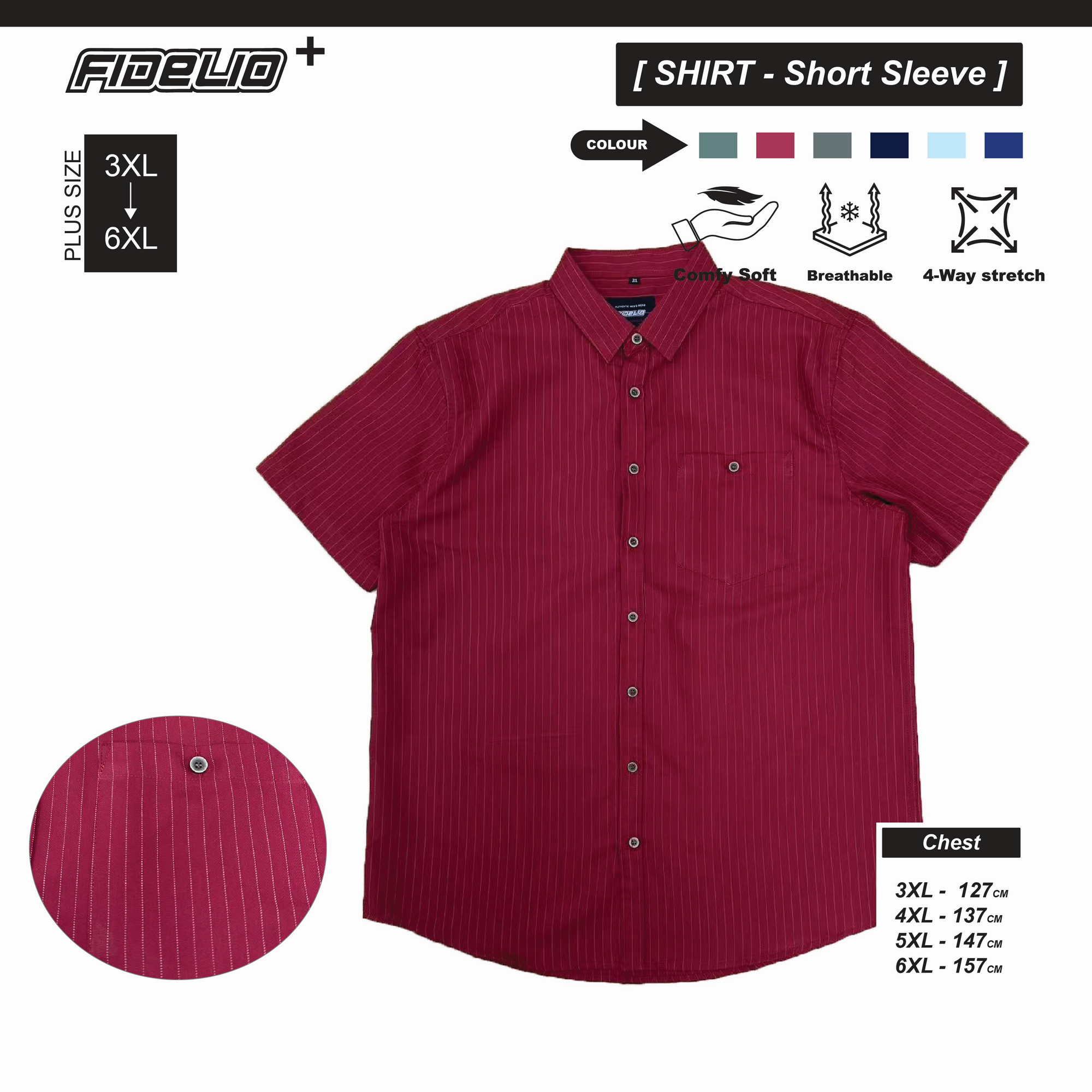 Fidelio Plus Size Vertical Stripe Short Sleeve Shirts -Maroon