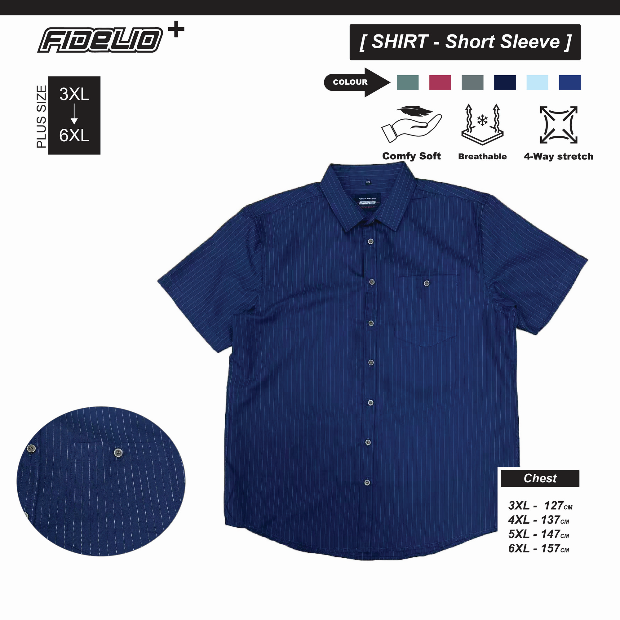 Fidelio Plus Size Vertical Stripe Short Sleeve Shirts -Navy