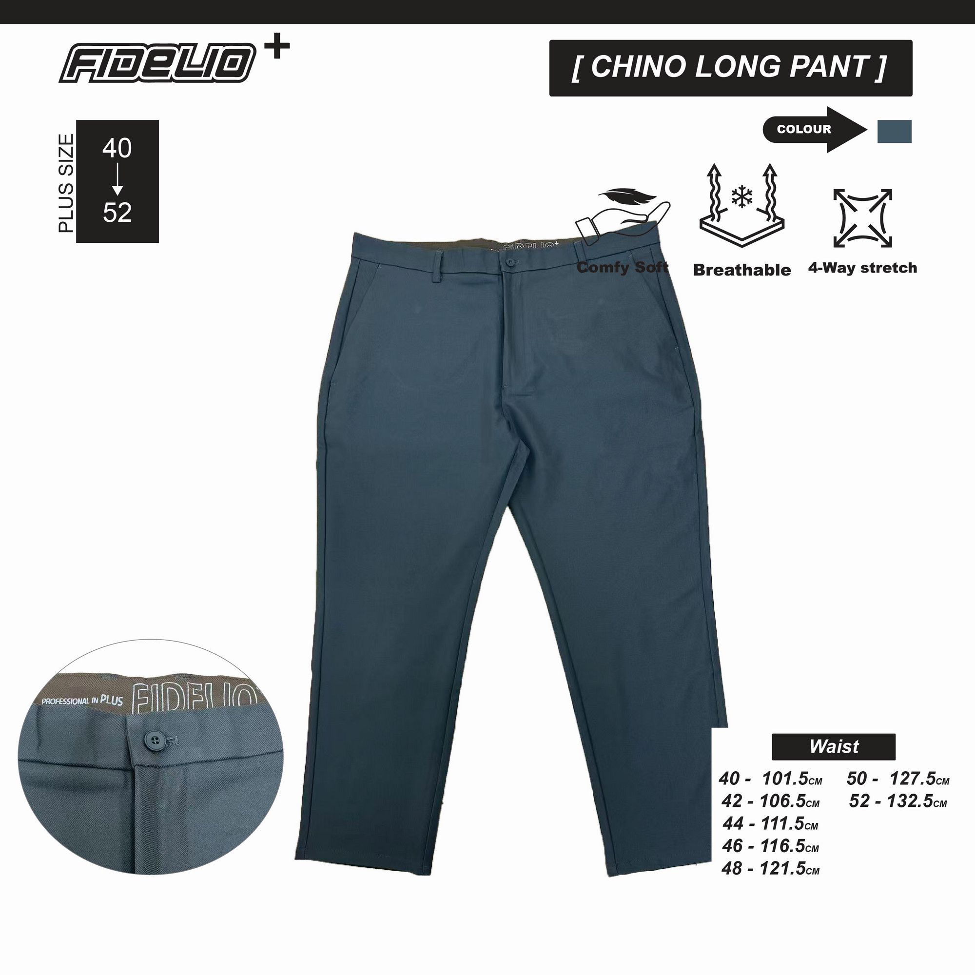 Fidelio Plus Size Twill Chno Pants -Dark Grey