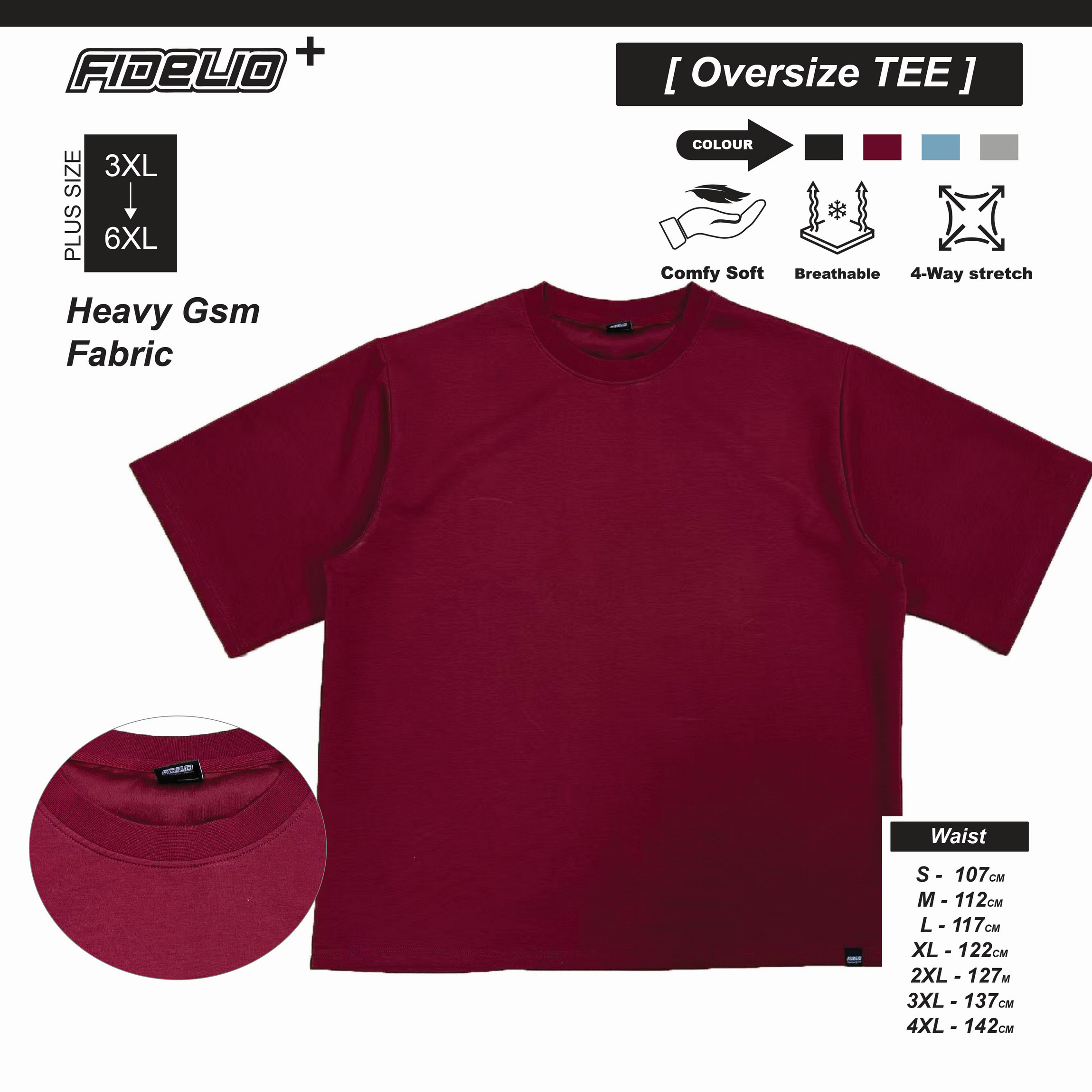 Fidelio Plus Size Basic Oversized Tees -Maroon