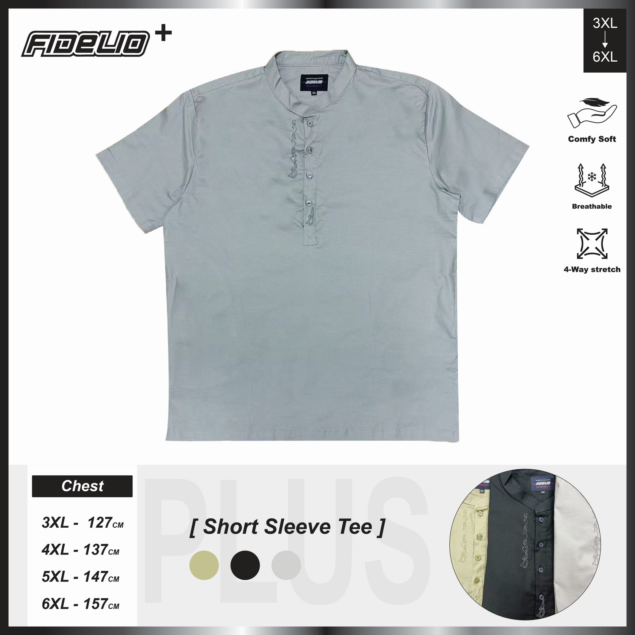 Fidelio Plus Size Embroidery Mandarin Collar Shirts -Light Grey