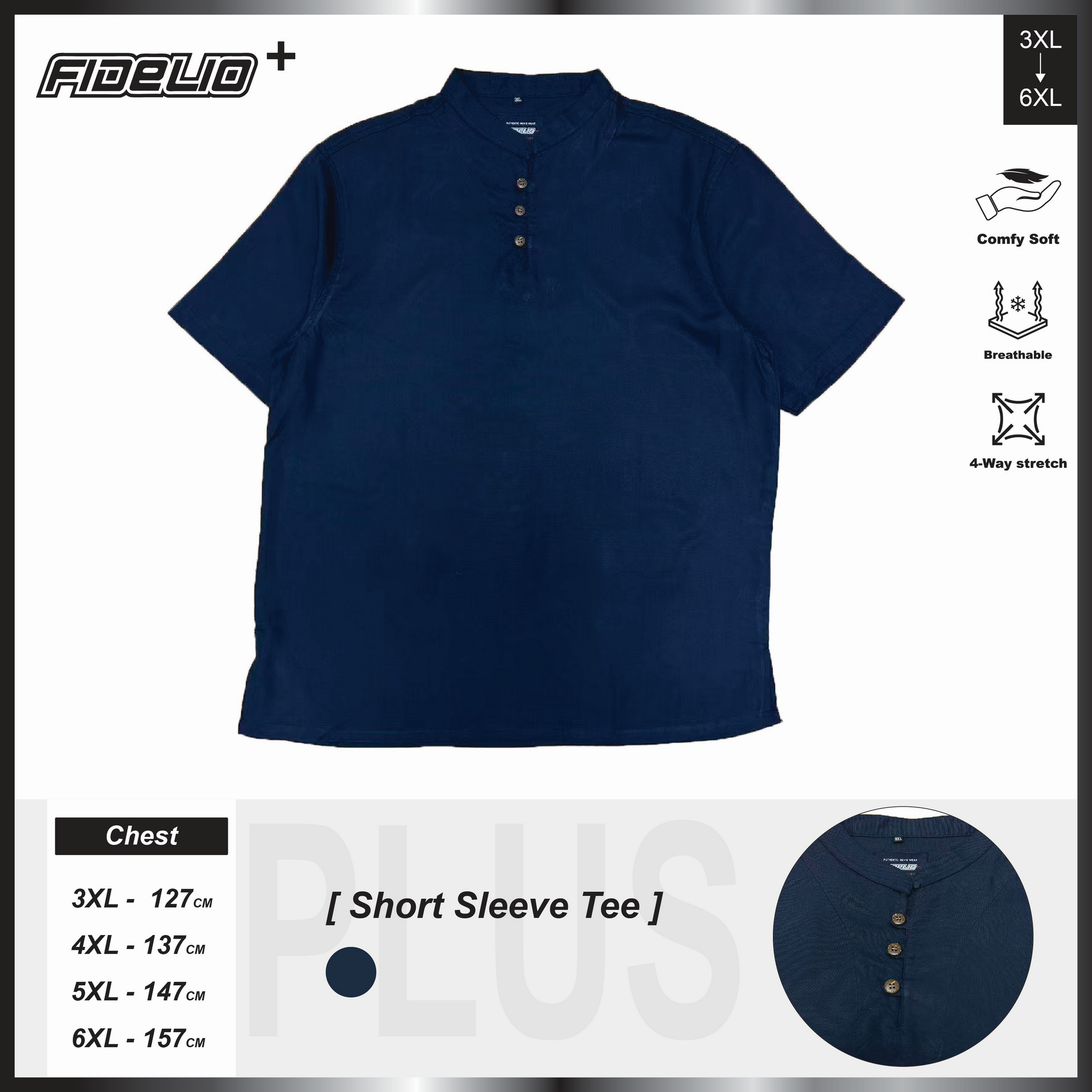 Fidelio Plus Size Classic Mandarin Collar Shirts -Navy