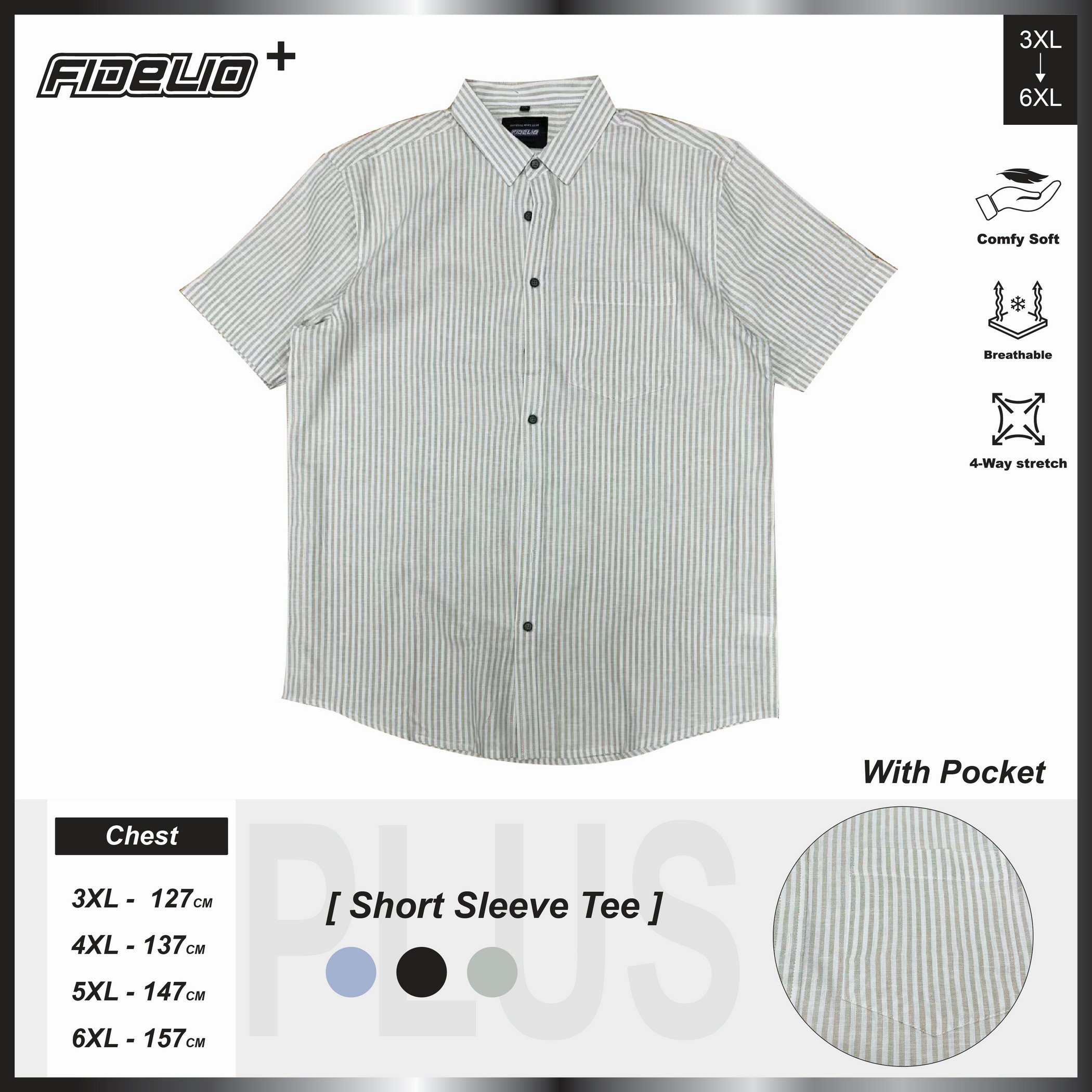 Fidelio Plus Size Vertical Striped Short Sleeve Shirts -Beige/White
