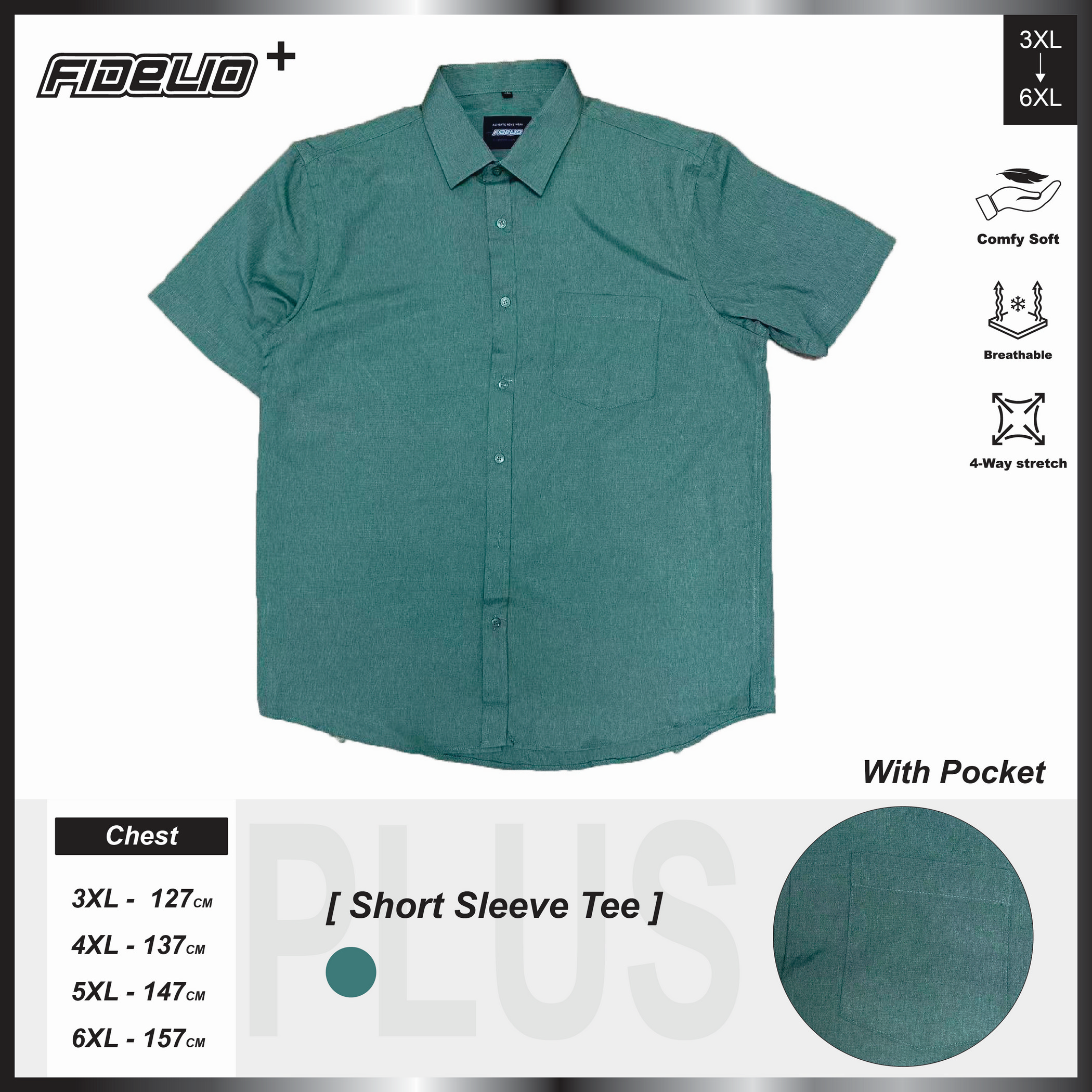 Fidelio Plus Size Smart Oxford Short Sleeve Shirts -Green