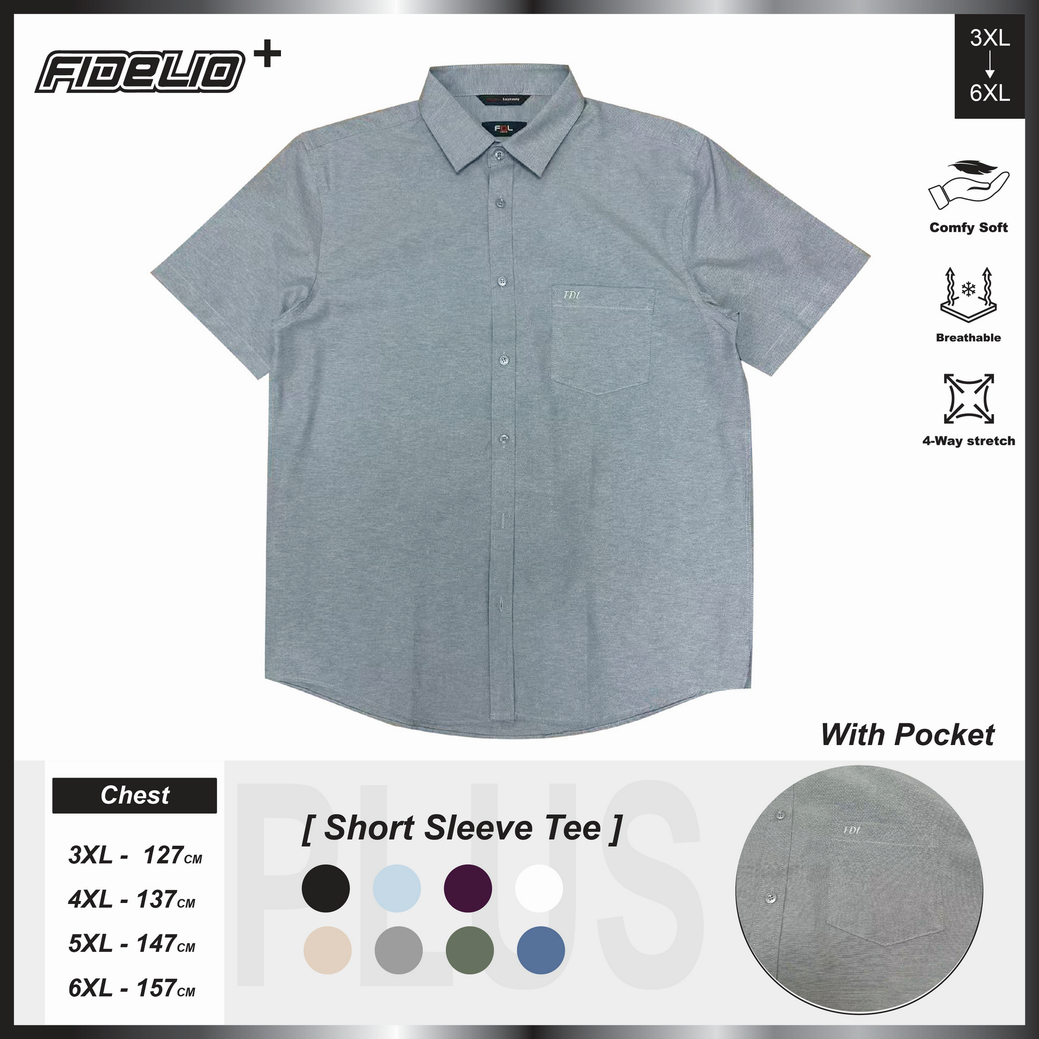 FDL Plus Size Easy Iron Business Short Sleeve Shirts -Blue-Grey