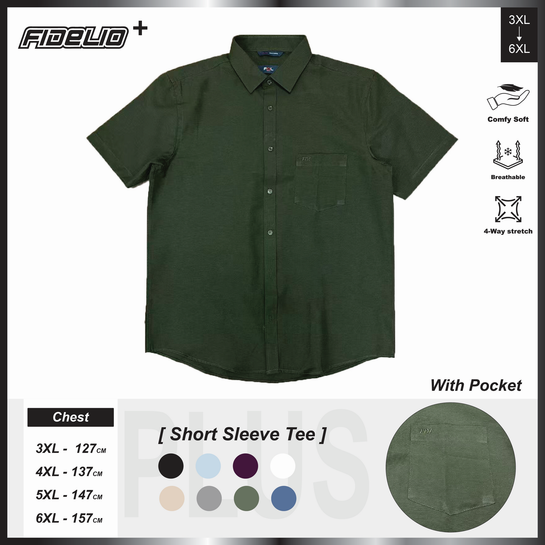 FDL Plus Size Easy Iron Business Short Sleeve Shirts -Army Green